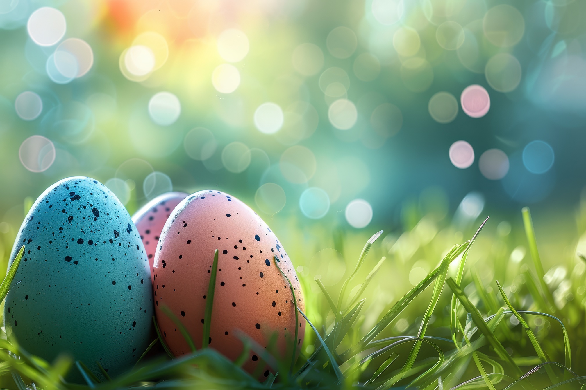 Easter colorful eggs in fresh green grass on blurred background with bokeh