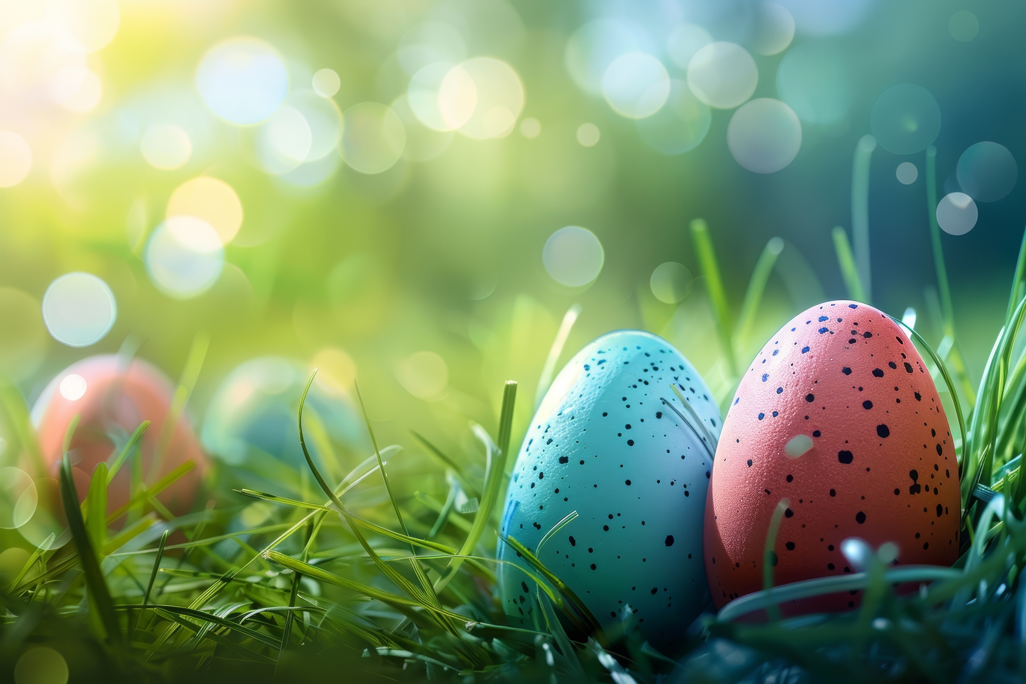 Easter colorful eggs in fresh green grass on blurred background with bokeh