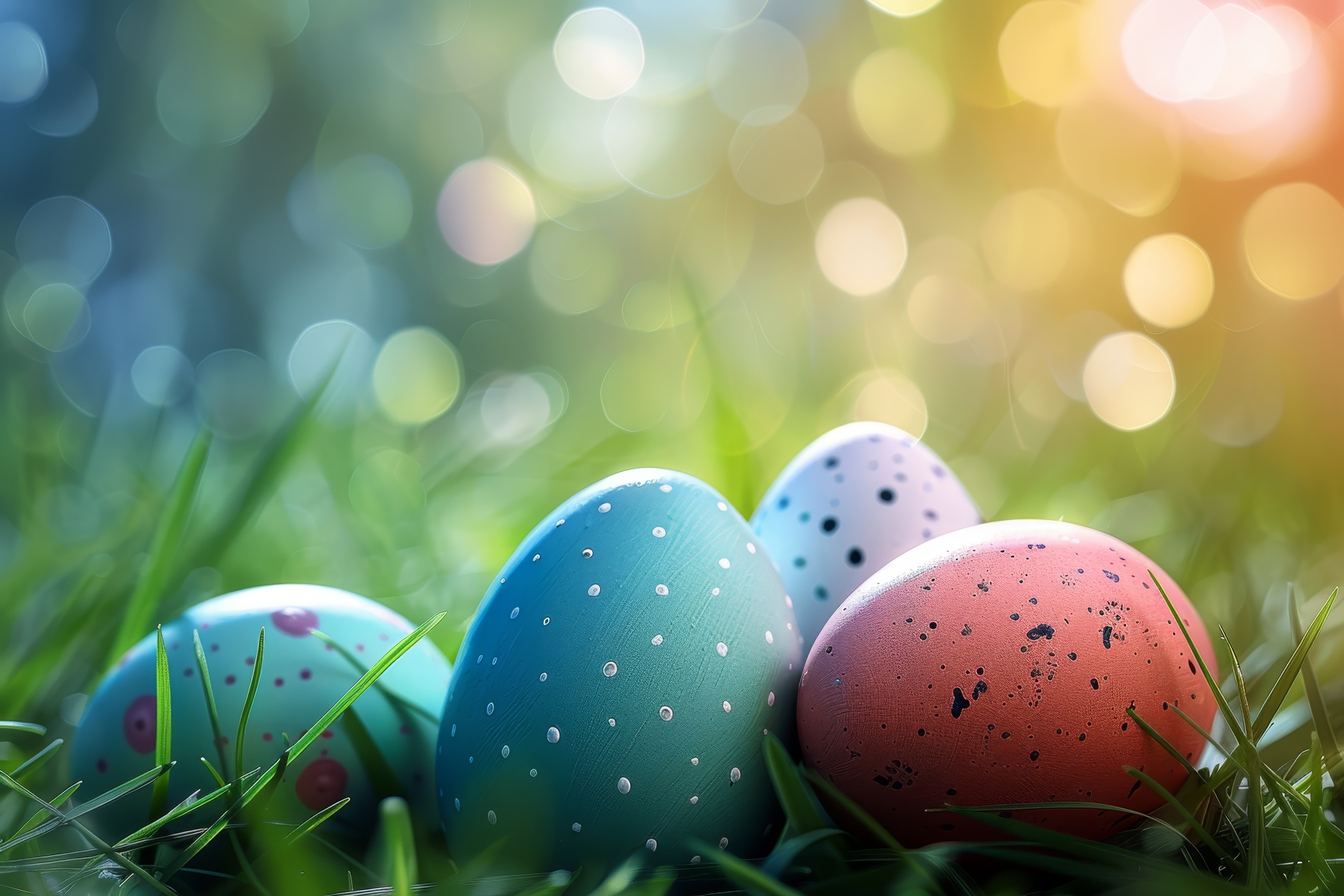 Easter colorful eggs in fresh green grass on blurred background with bokeh