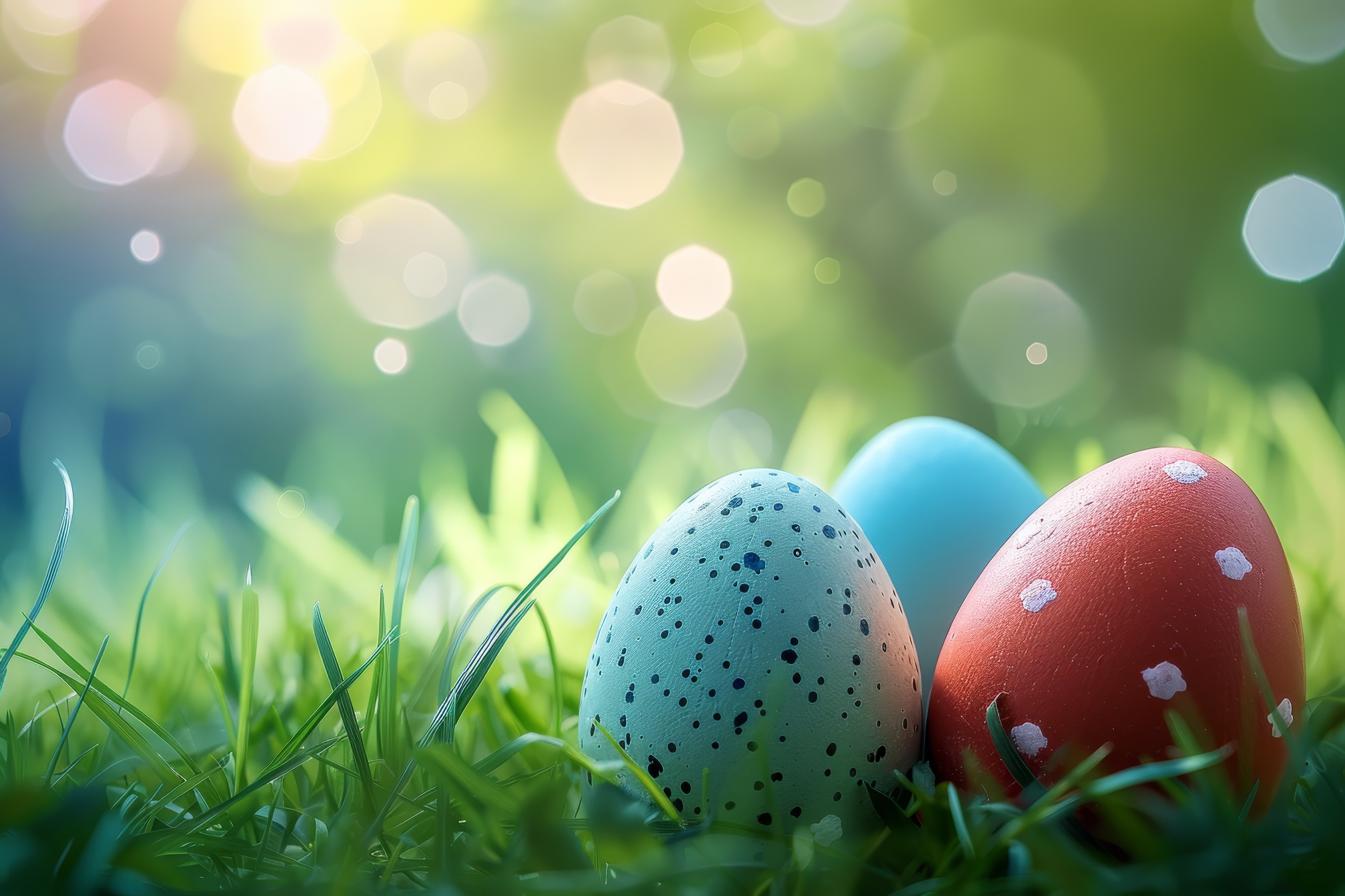 Easter colorful eggs in fresh green grass on blurred background with bokeh