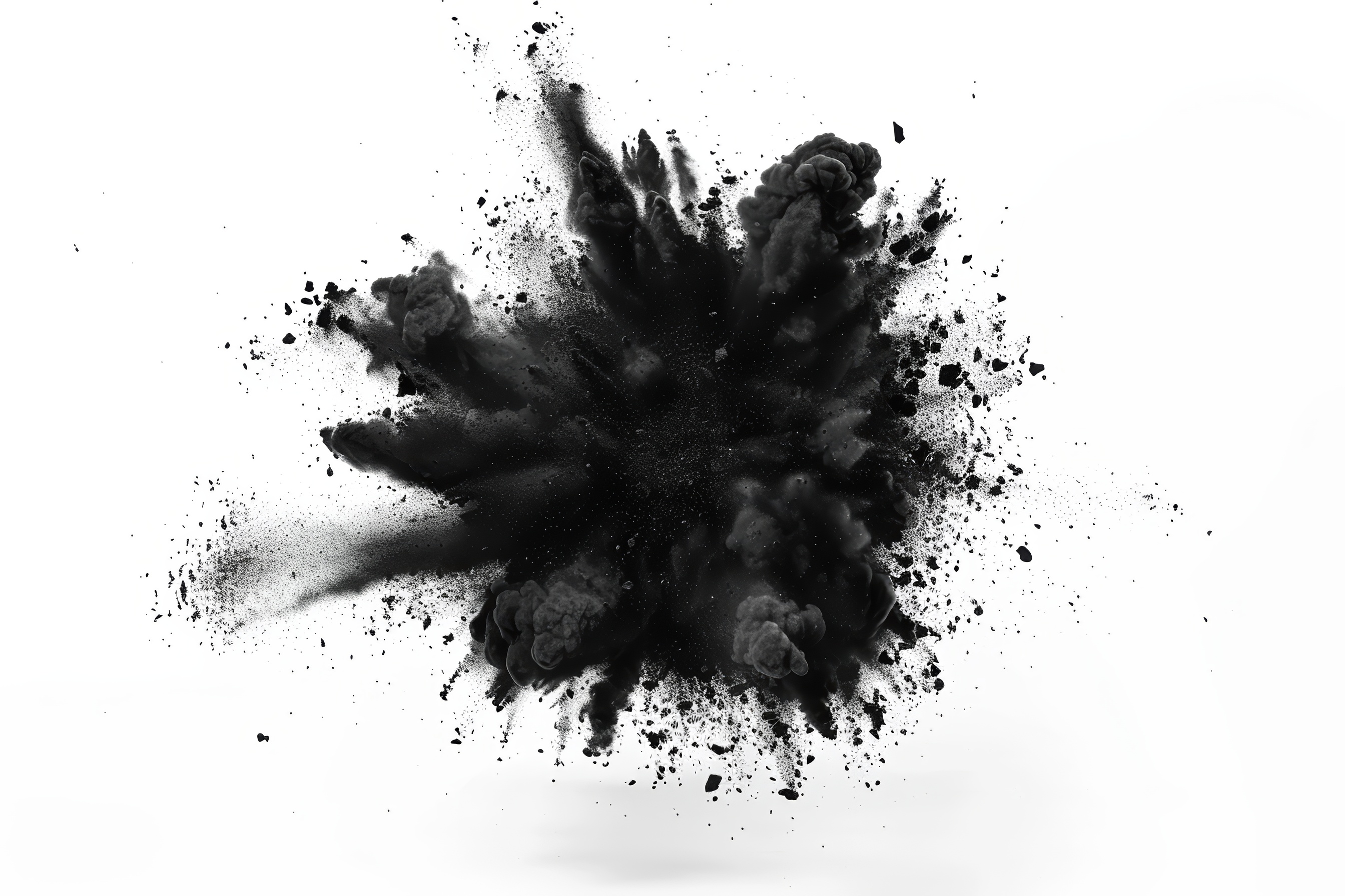 Explosion of black colored powder on white background