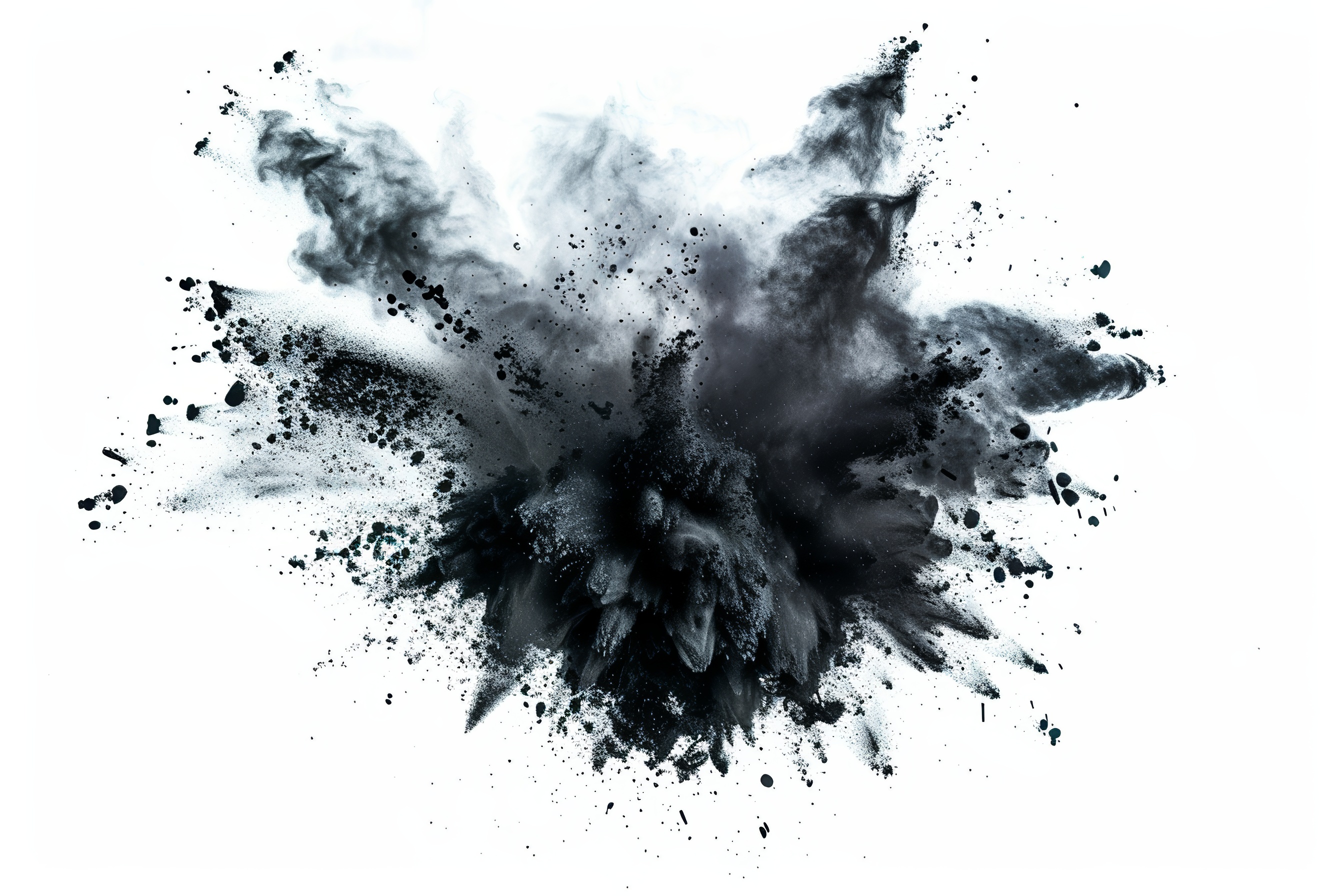 Explosion of black colored powder on white background