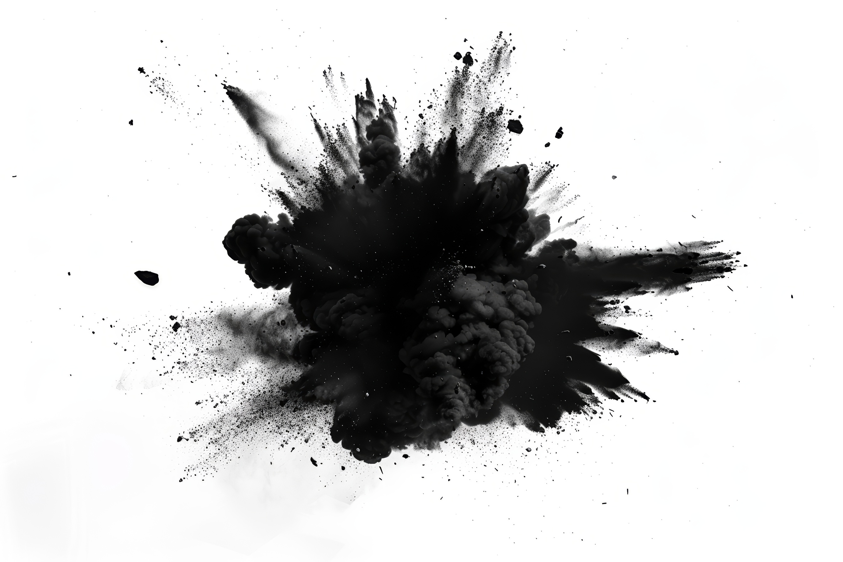 Explosion of black colored powder on white background