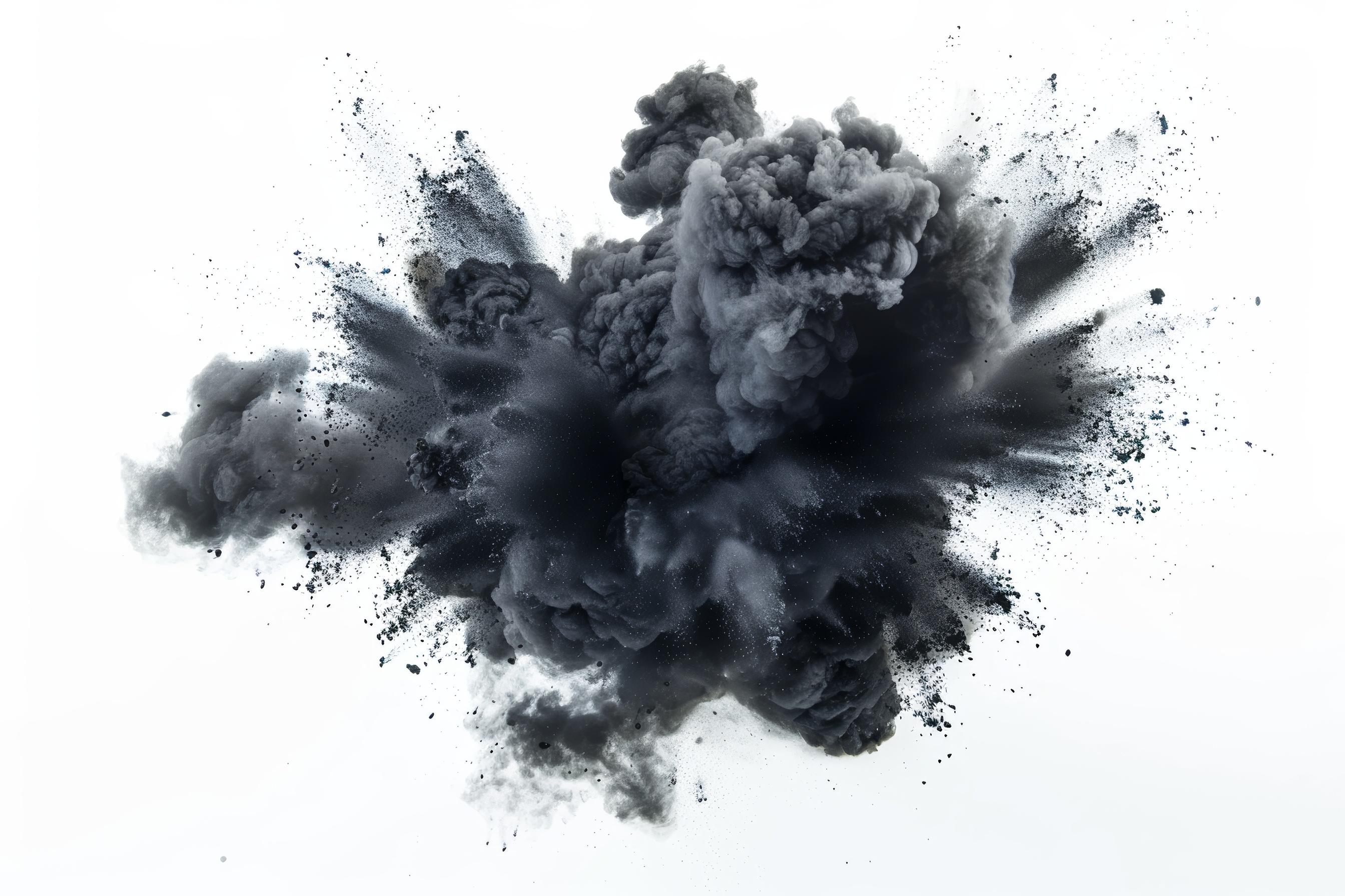 Explosion of black colored powder on white background