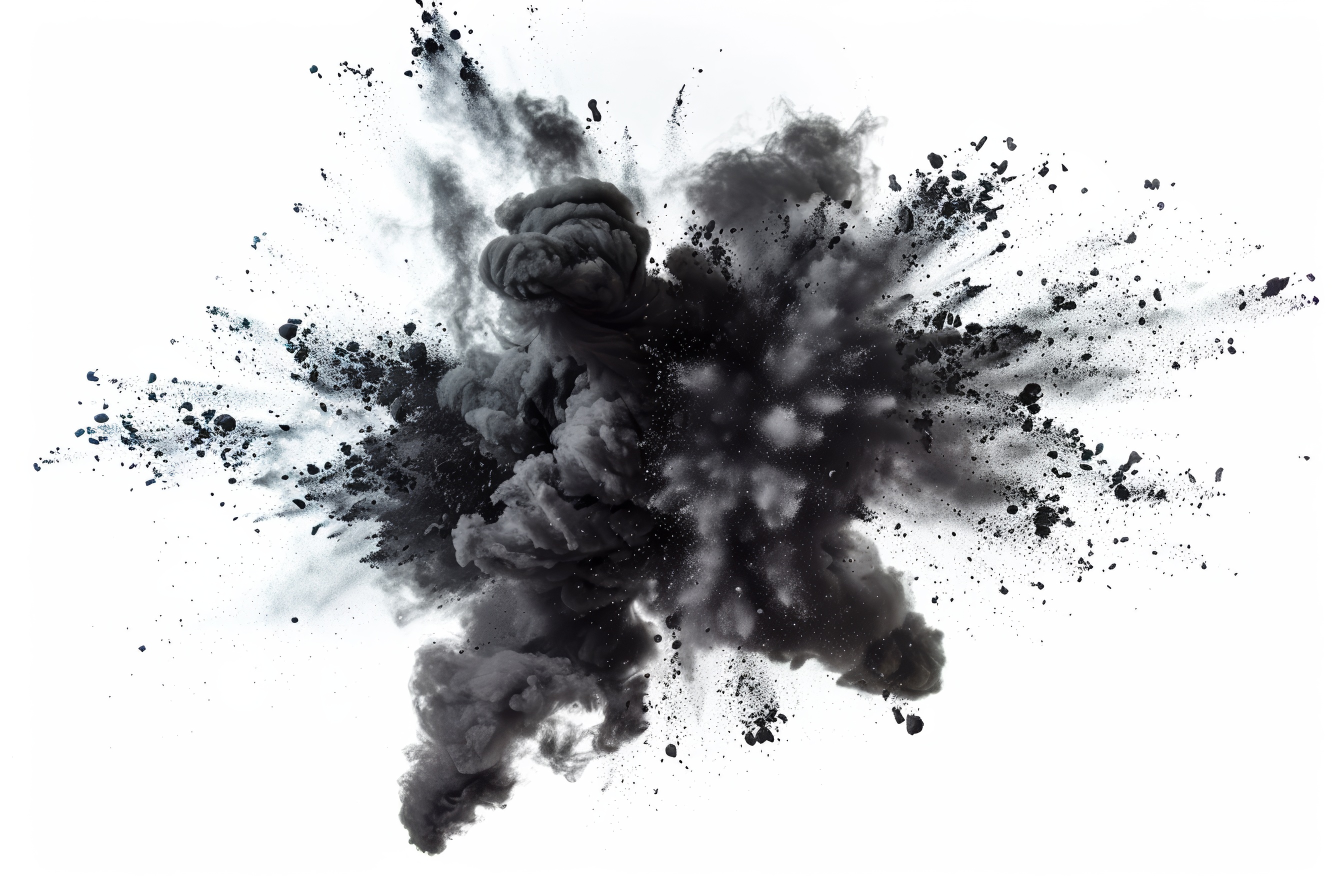 Explosion of black colored powder on white background