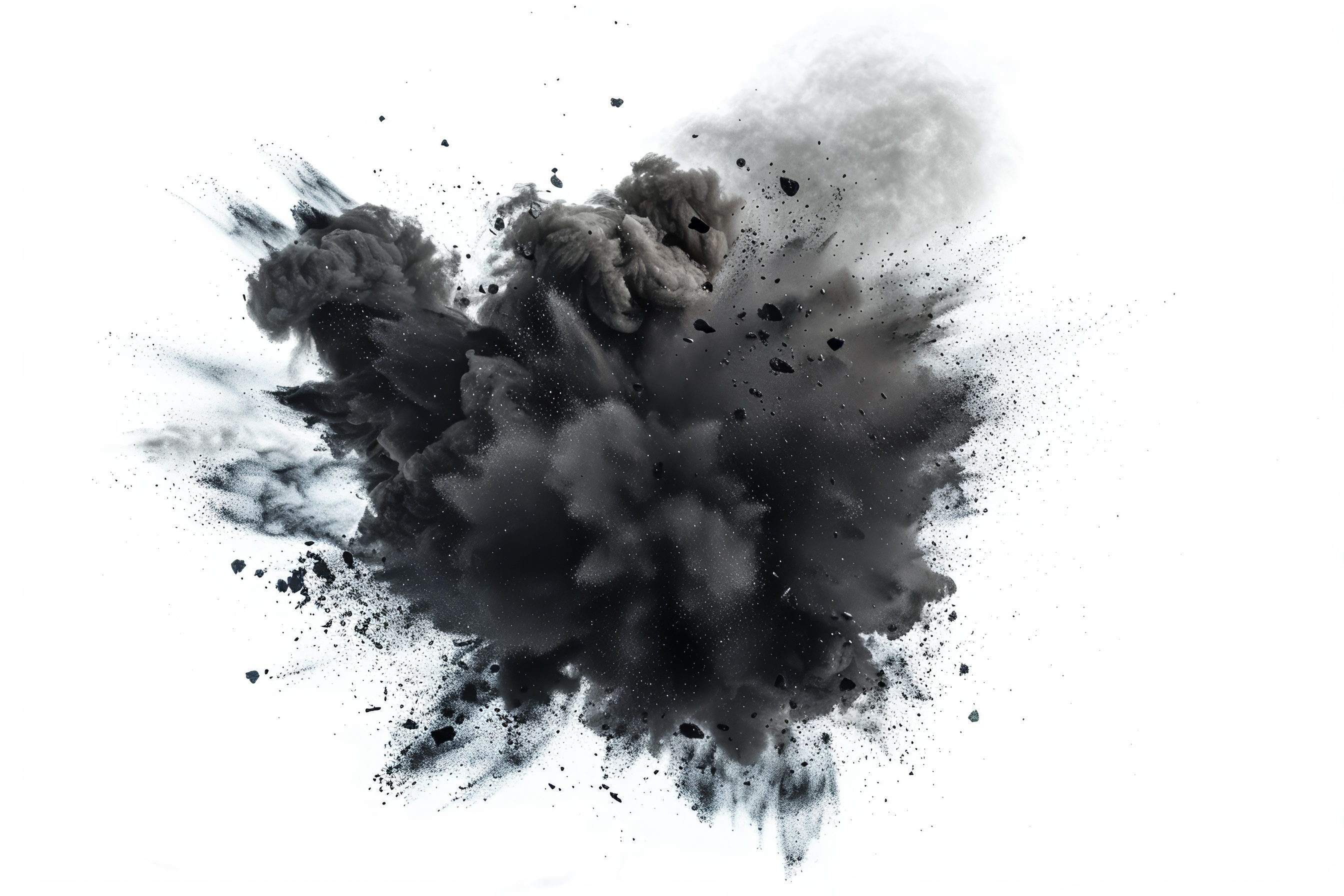Explosion of black colored powder on white background