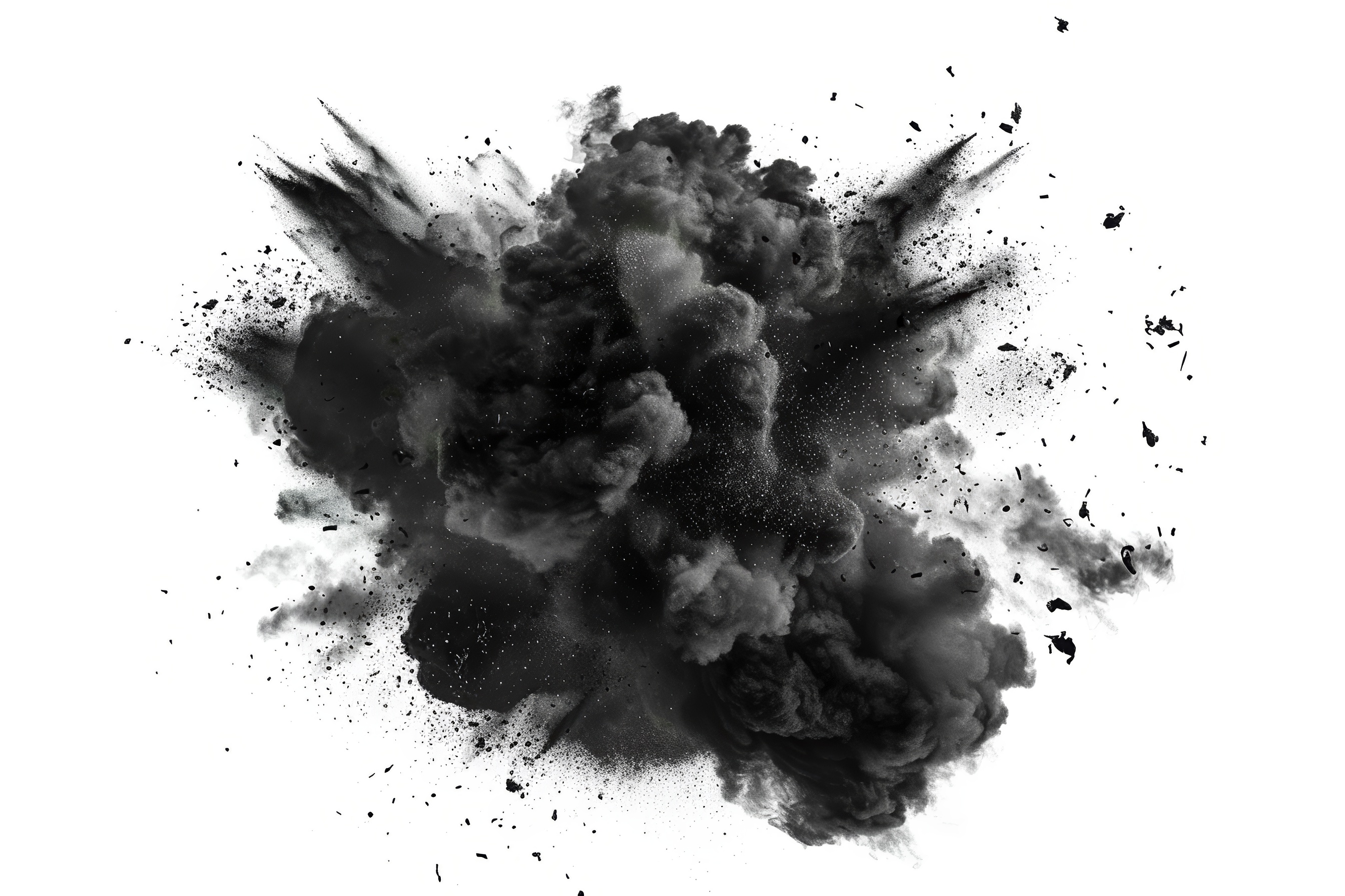 Explosion of black colored powder on white background