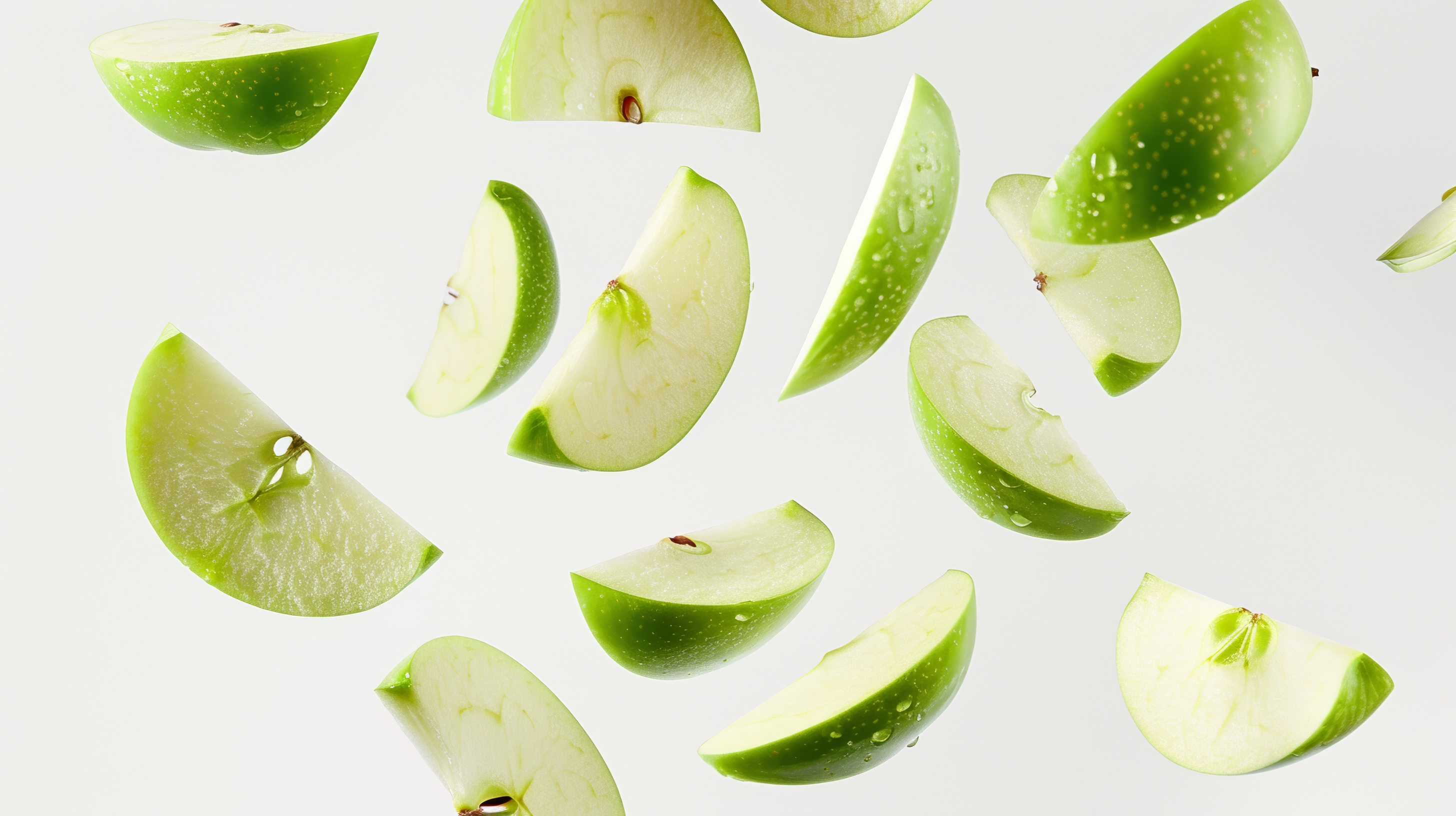 Falling green juicy apples isolated on white background