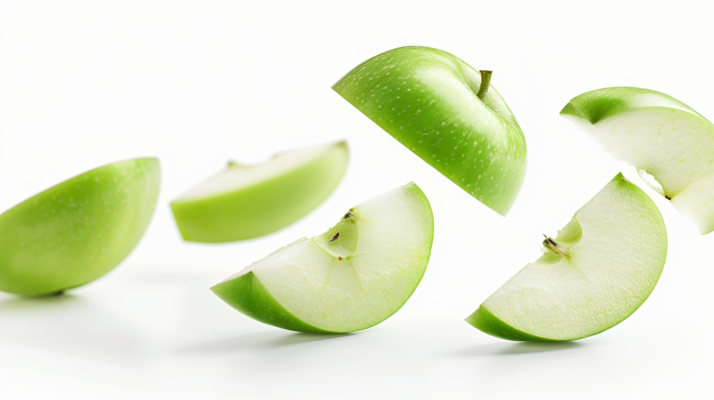 Falling green juicy apples isolated on white background