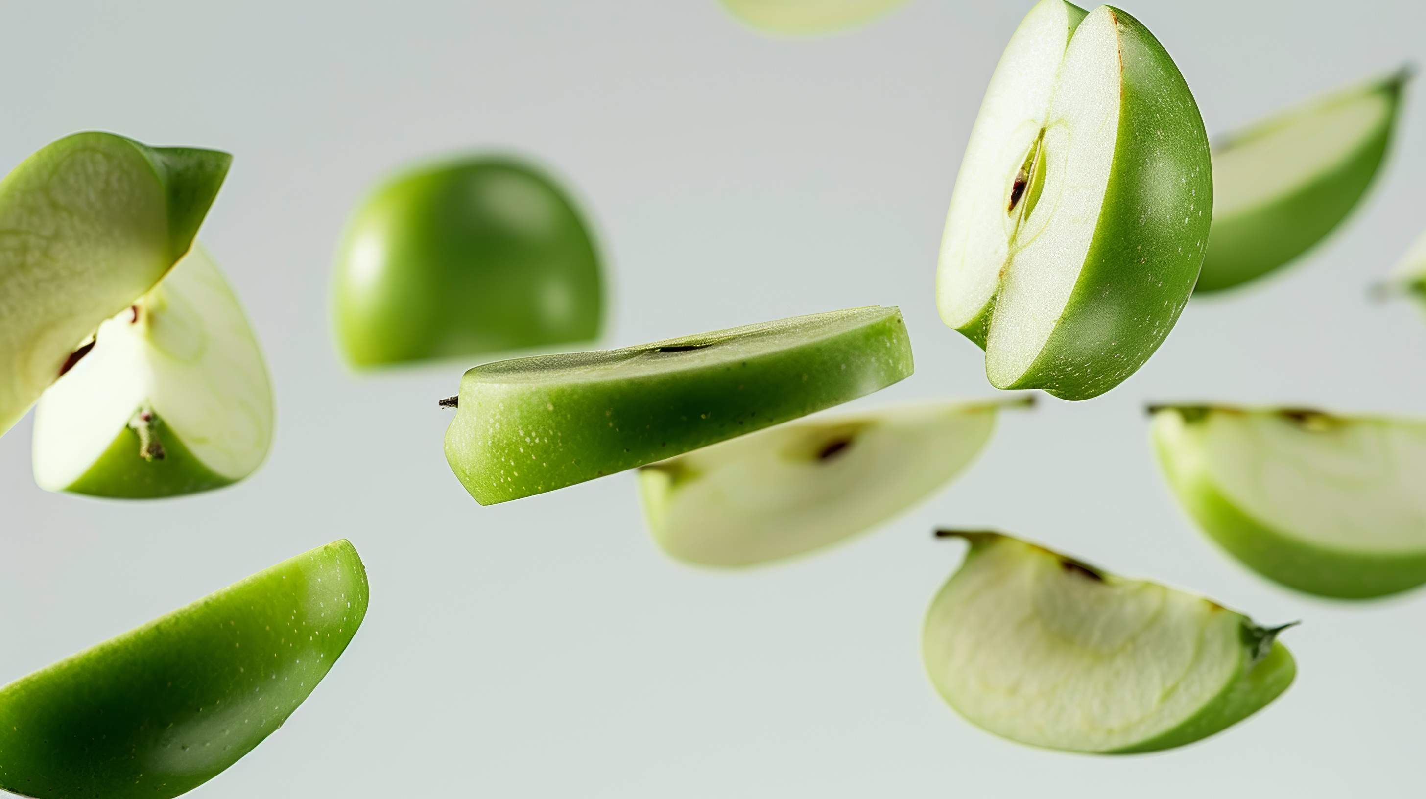 Falling green juicy apples isolated on white background