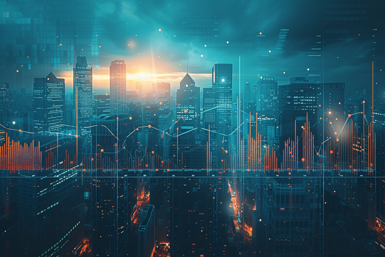 Financial graph on night city scape with tall buildings background multi exposure