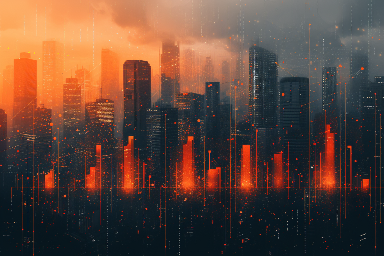 Financial graph on night city scape with tall buildings background multi exposure