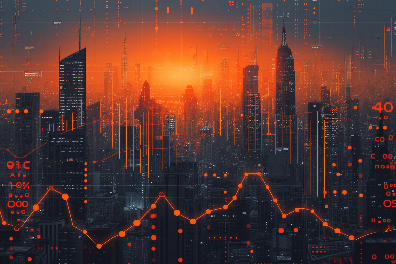 Financial graph on night city scape with tall buildings background multi exposure