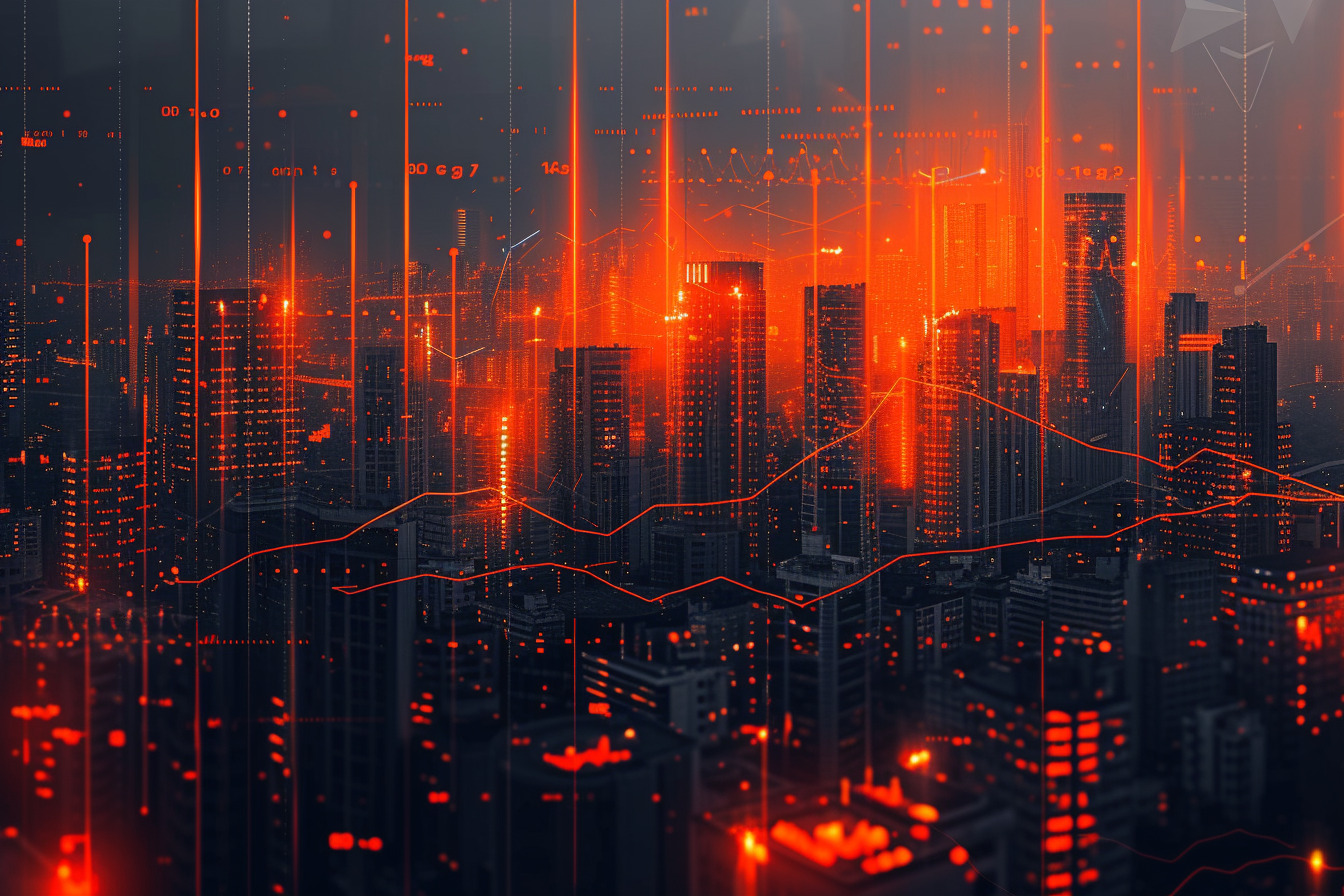 Financial graph on night city scape with tall buildings background multi exposure