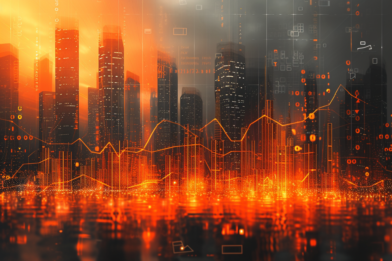 Financial graph on night city scape with tall buildings background multi exposure