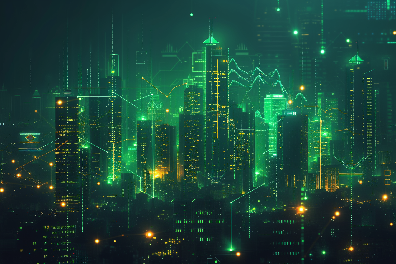 Financial graph on night city scape with tall buildings background multi exposure