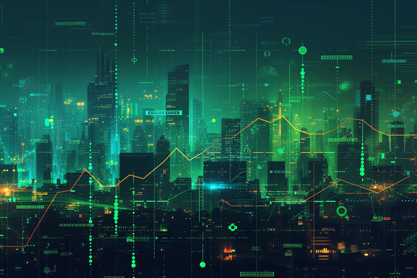 Financial graph on night city scape with tall buildings background multi exposure