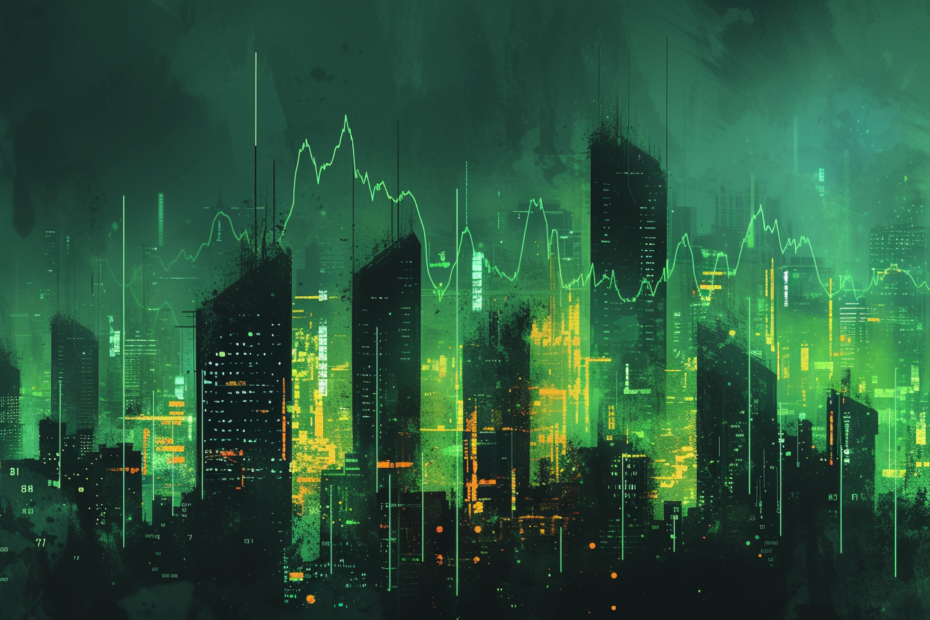 Financial graph on night city scape with tall buildings background multi exposure