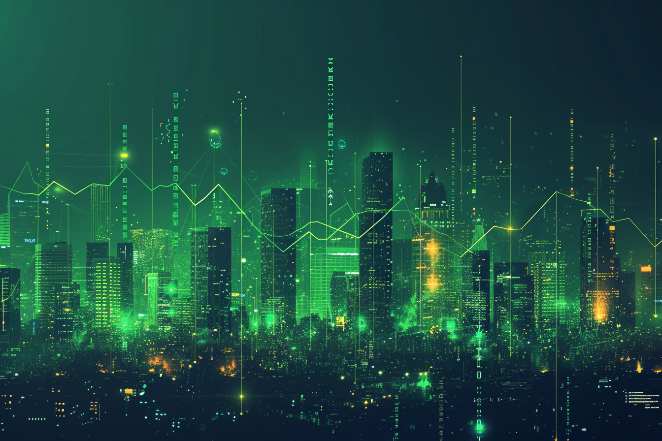 Financial graph on night city scape with tall buildings background multi exposure