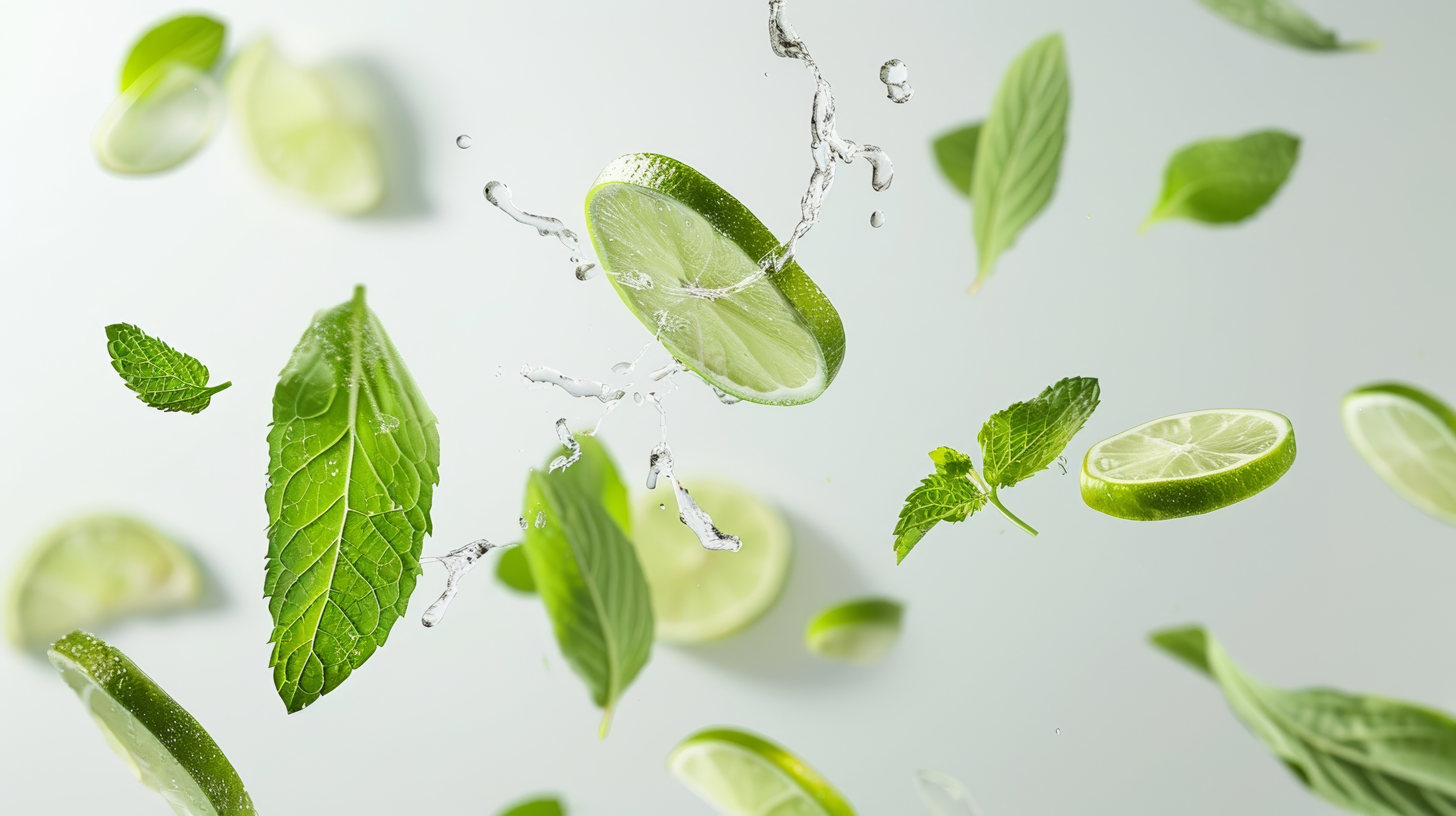 Floating lime slice with mint leaves on white background