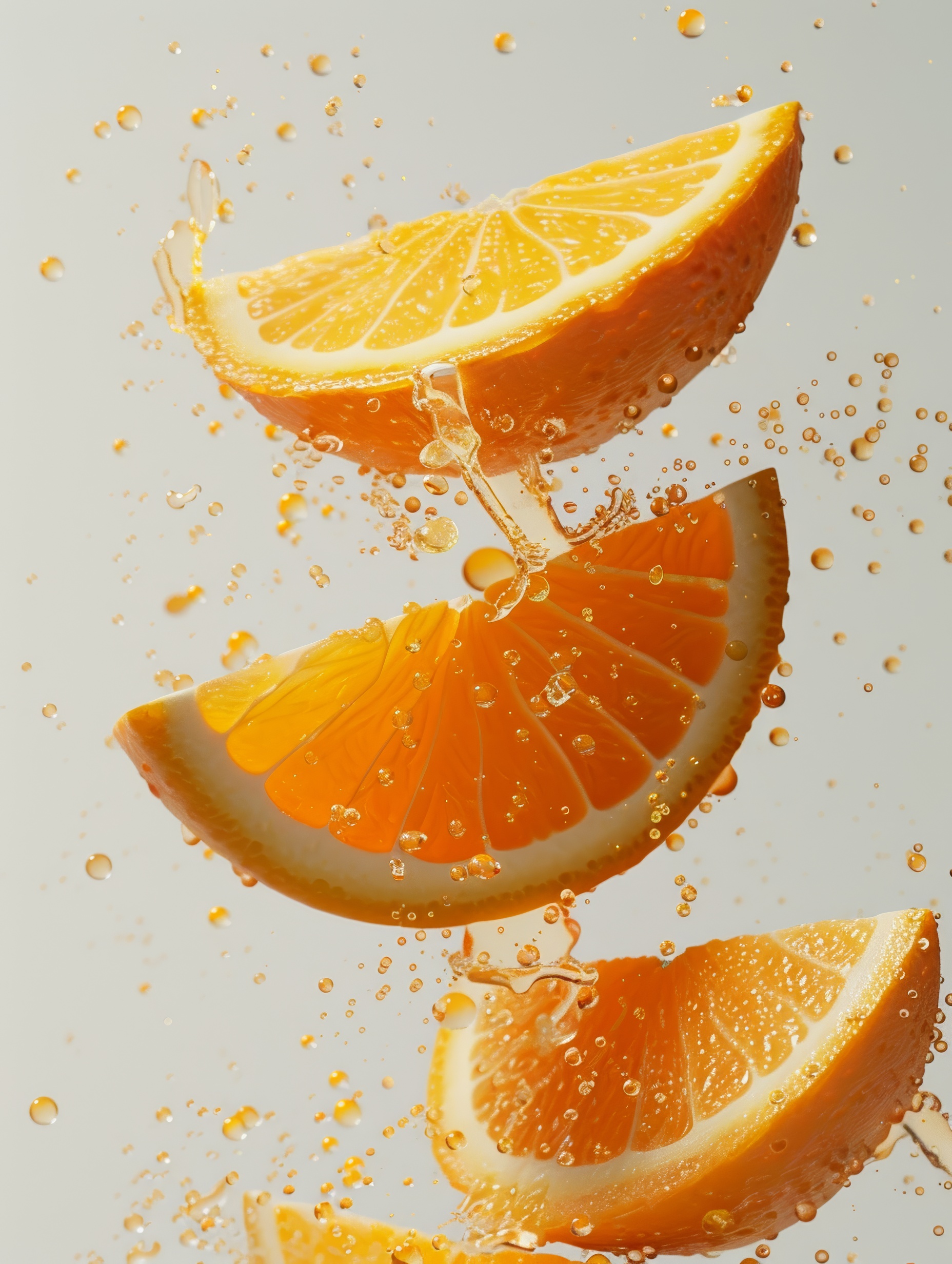 Floating slices of orange with water drops