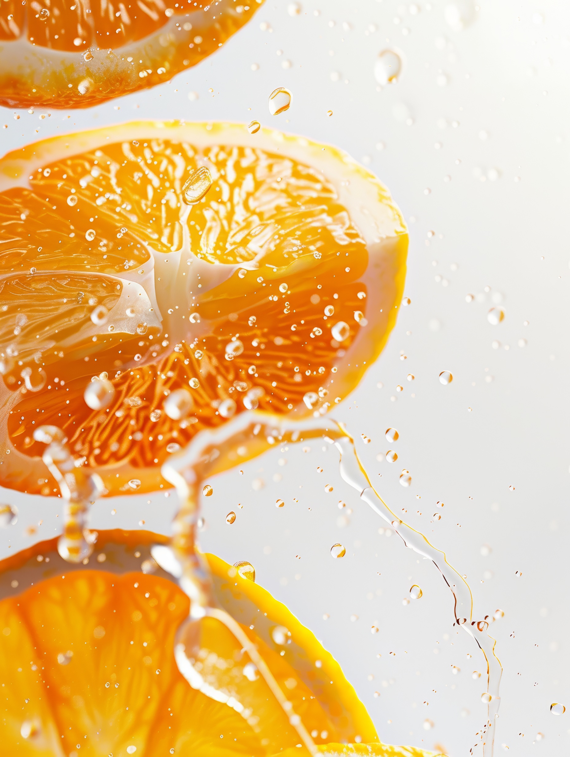 Floating slices of orange with water drops