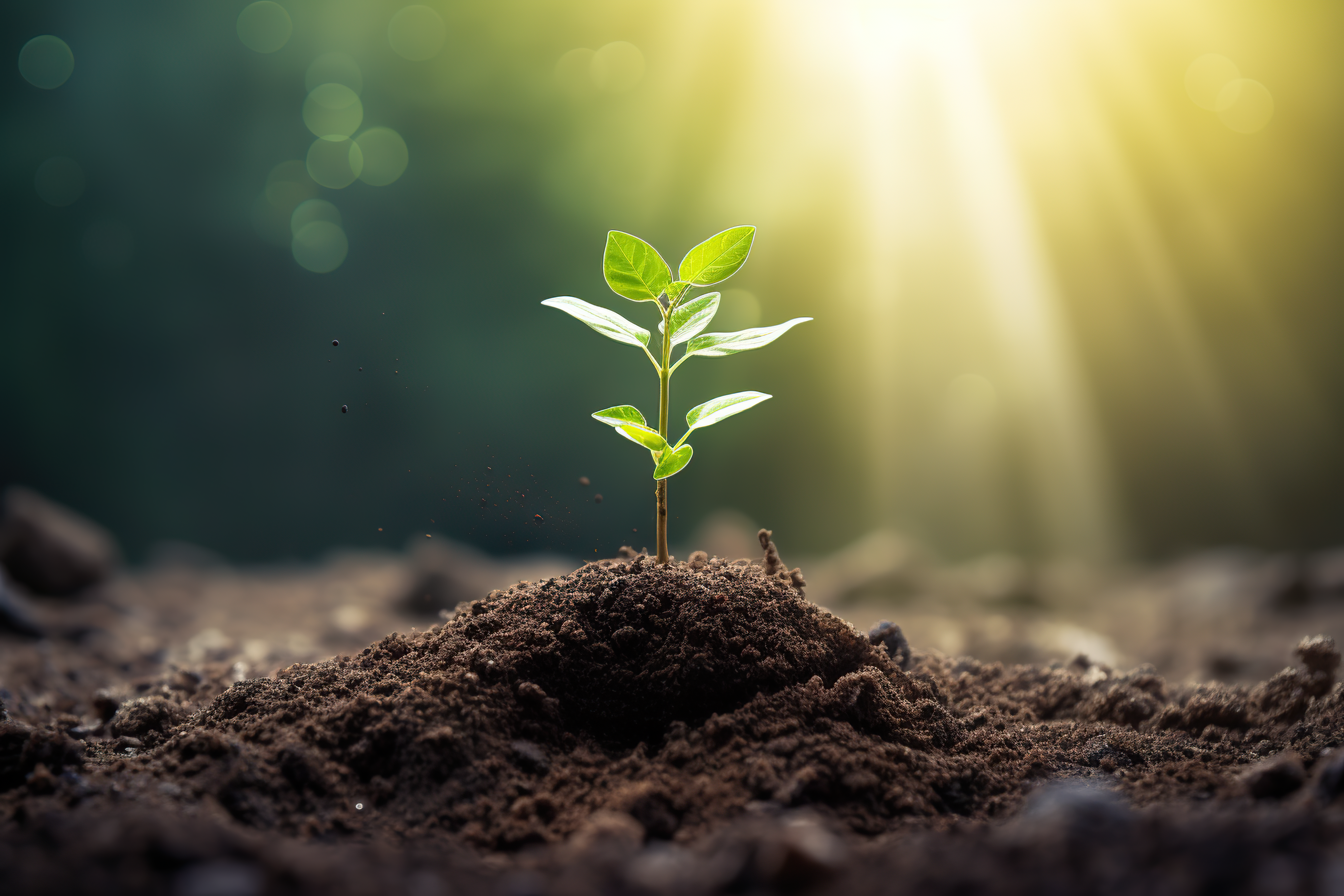 Flourishing tree sapling, young plant growing out from the soil