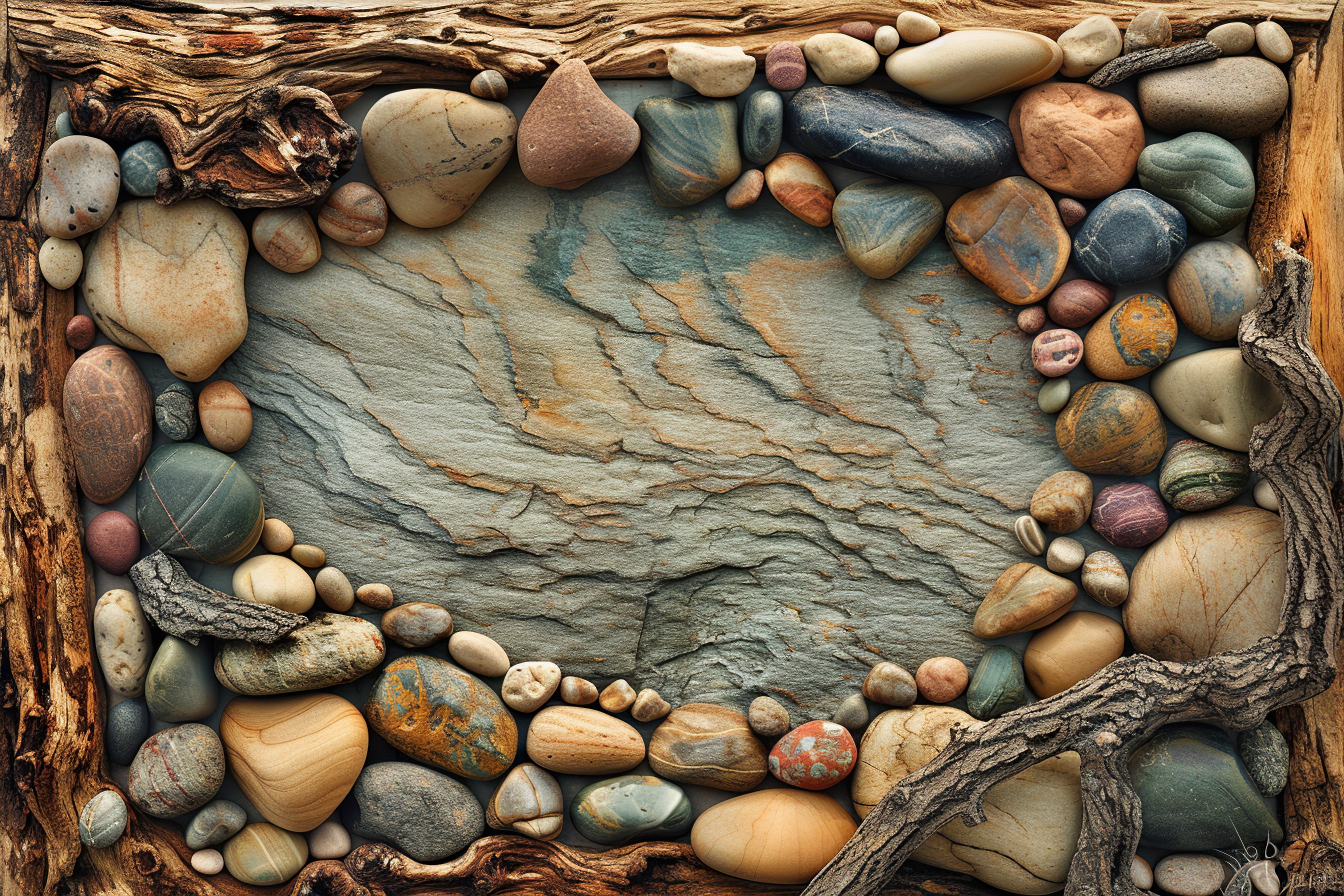 Frame made of pebble stones with wooden background