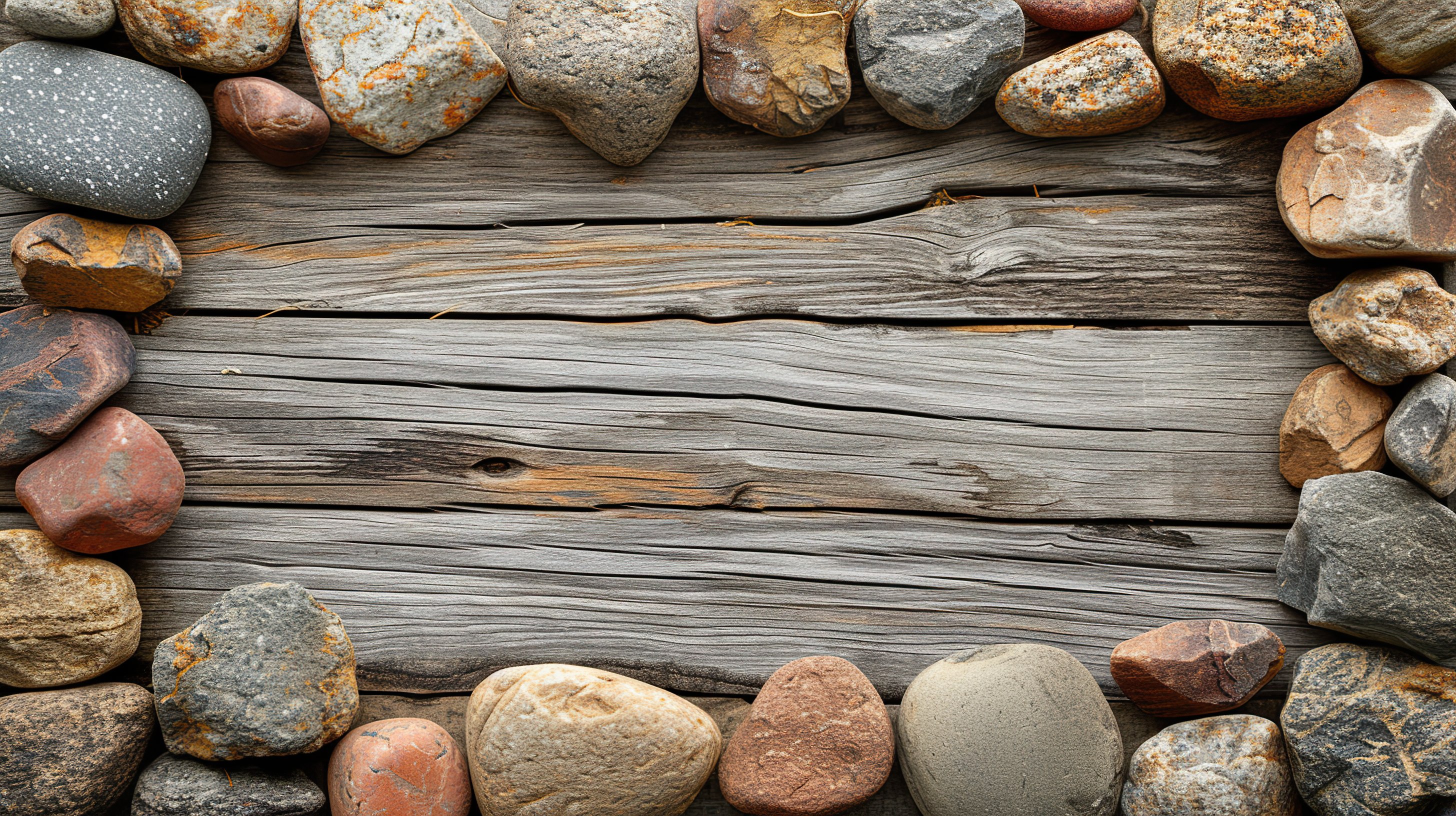 Frame made of pebble stones with wooden background