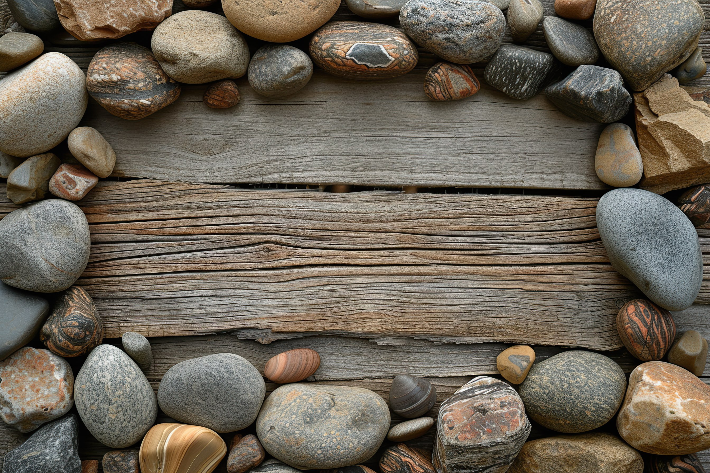 Frame made of pebble stones with wooden background