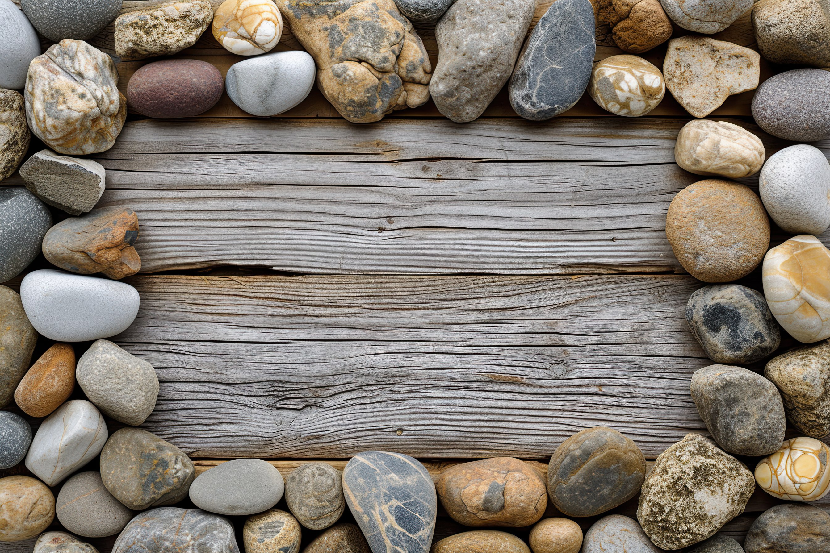 Frame made of pebble stones with wooden background