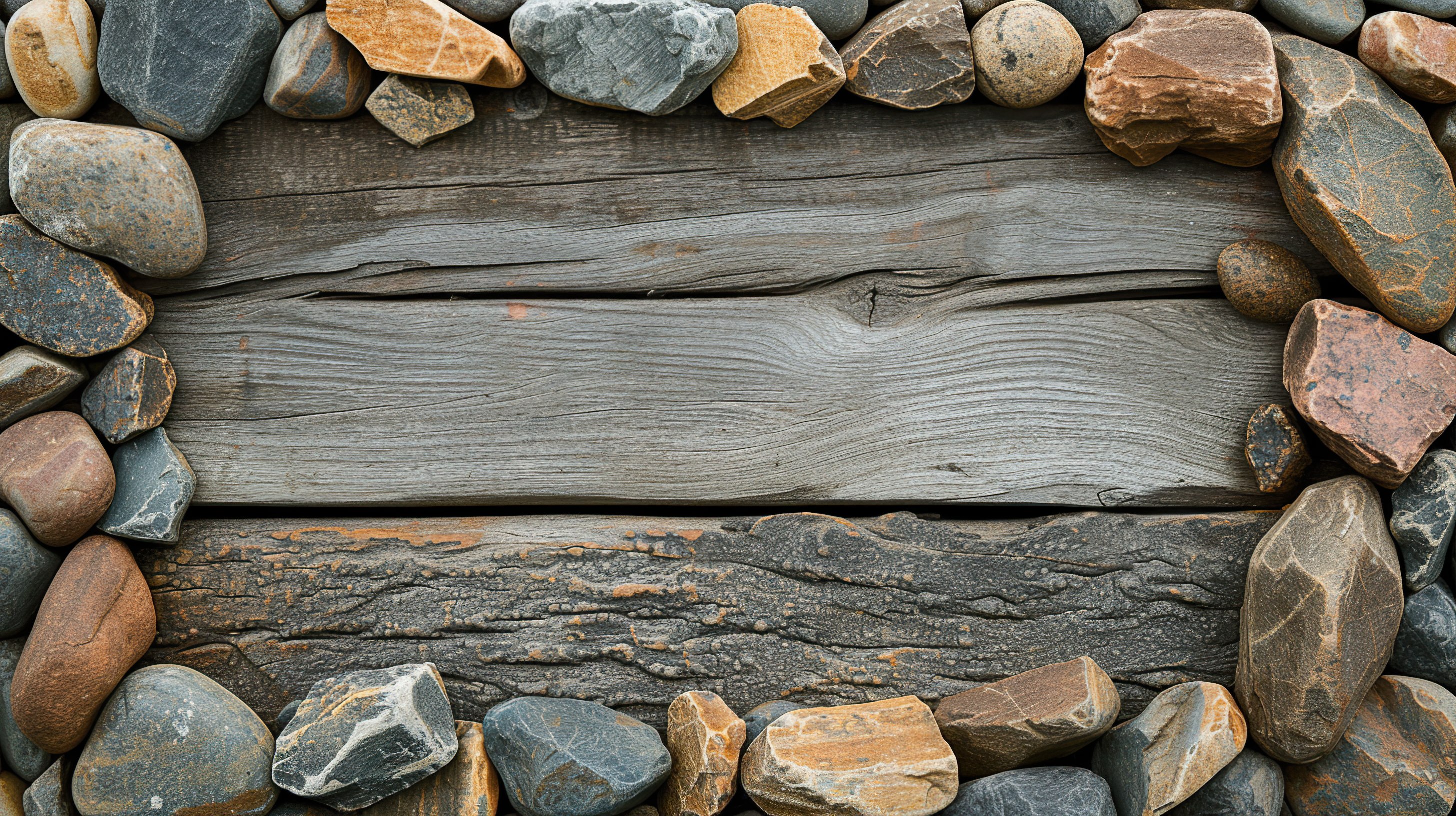 Frame made of pebble stones with wooden background