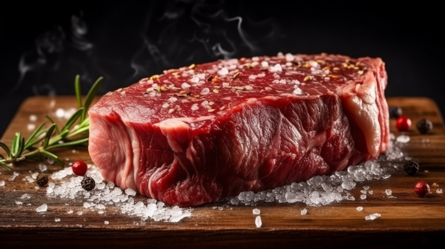 Fresh Raw Beef Steaks with Rosemary, Peppercorns, and Coarse Salt on wooden cutting board