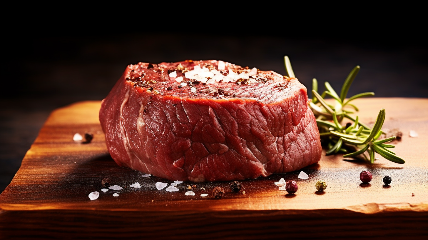 Fresh Raw Beef Steaks with Rosemary, Peppercorns, and Coarse Salt on wooden cutting board