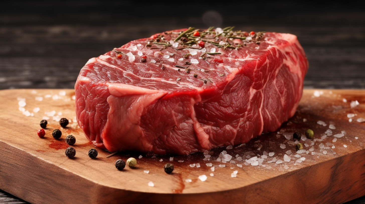 Fresh Raw Beef Steaks with Rosemary, Peppercorns, and Coarse Salt on wooden cutting board