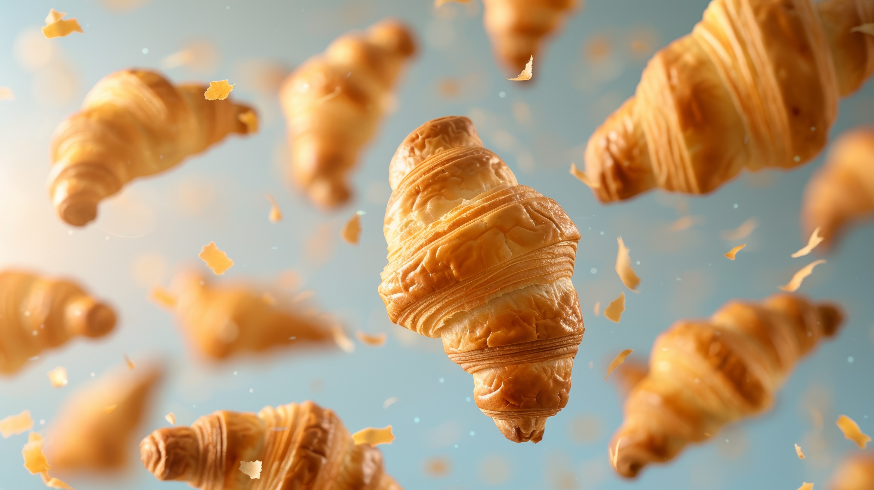 Fresh floating croissants with crumbs