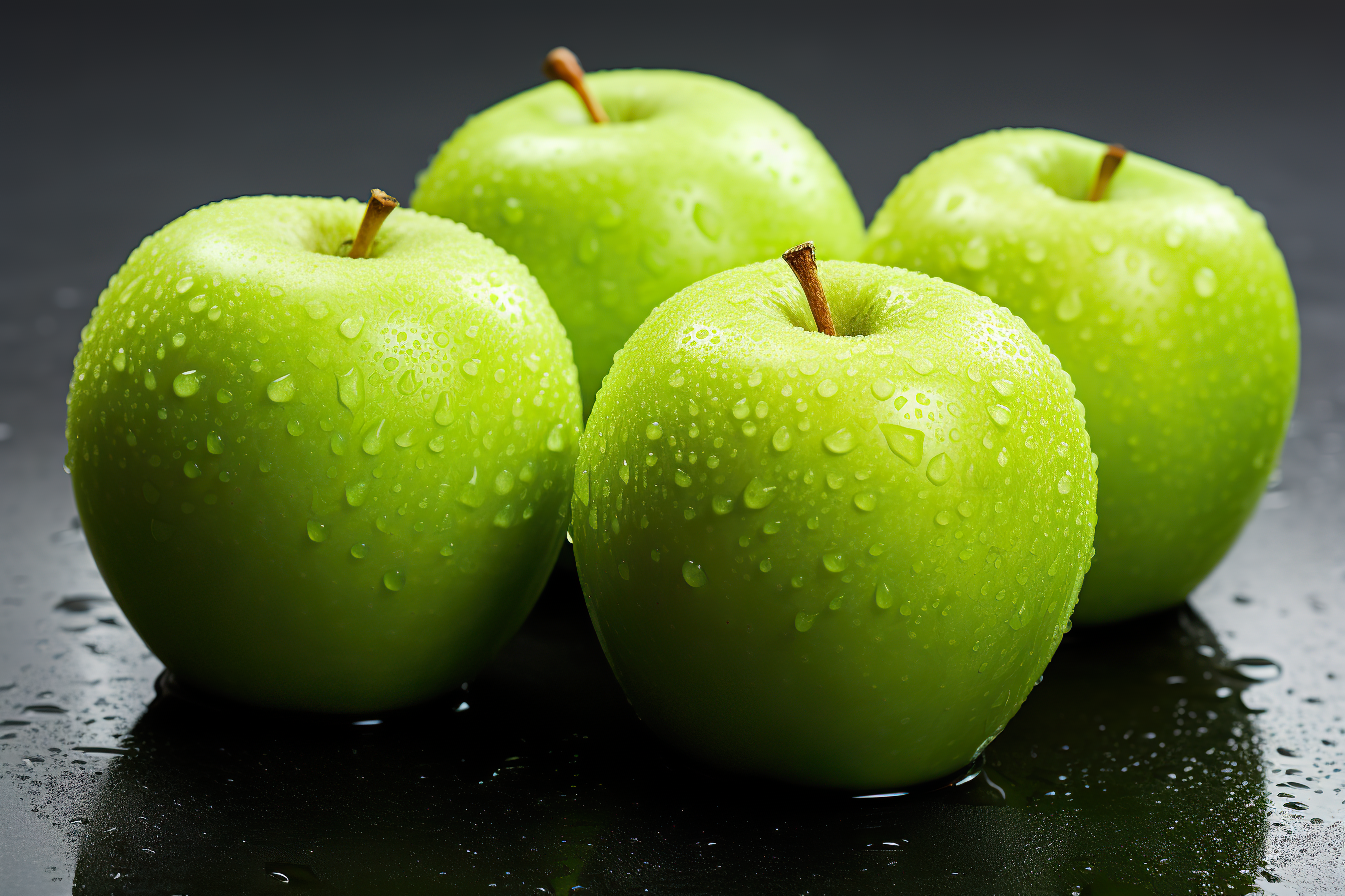 Fresh green apples with droplets isolated on dark background