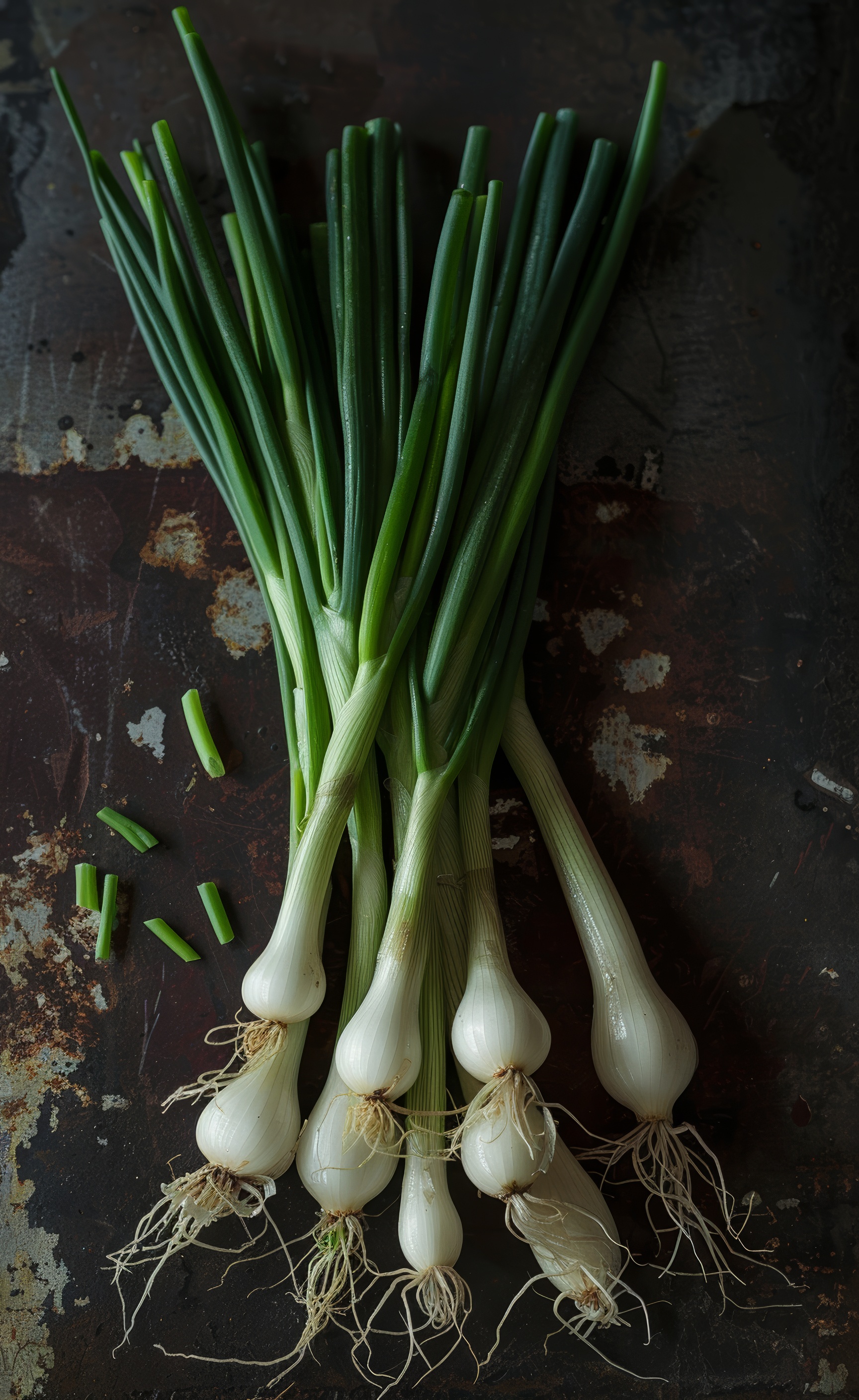 Fresh green onions top view, healthy food