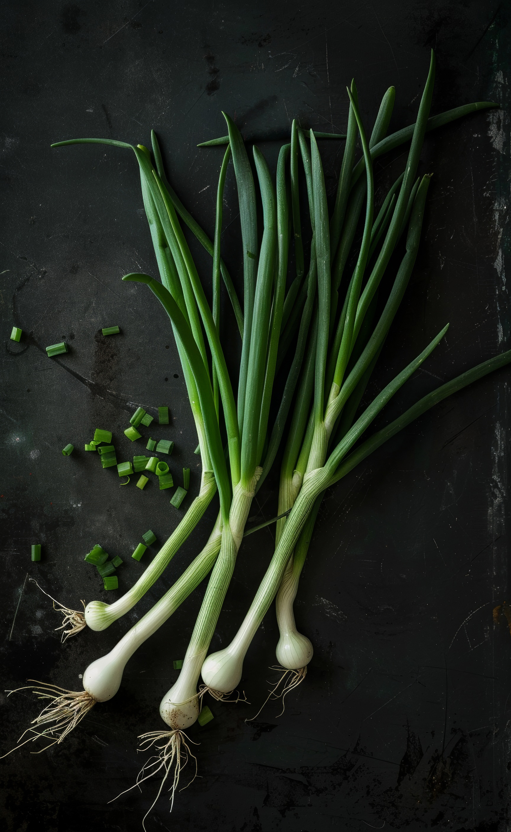 Fresh green onions top view, healthy food