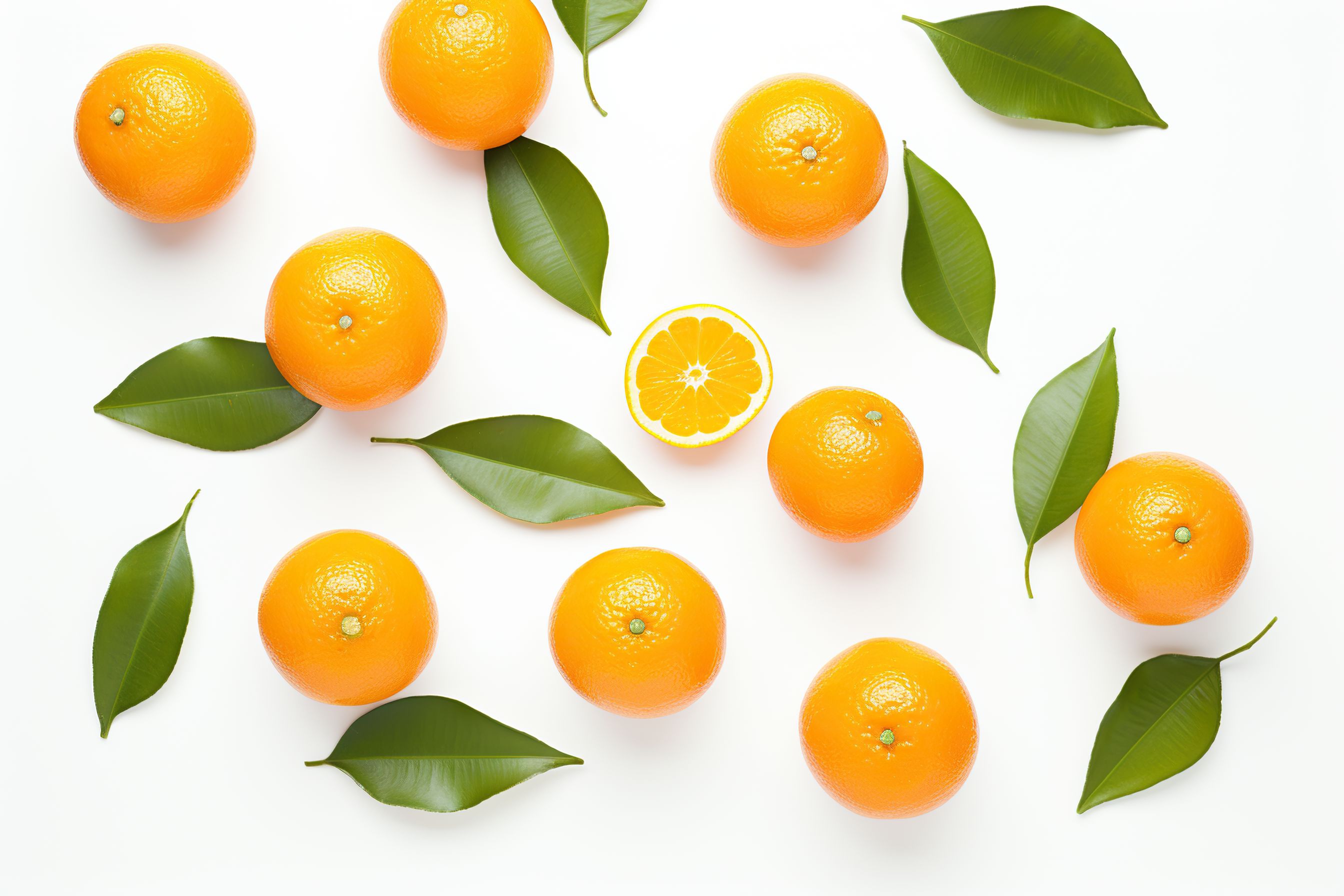 Fresh orange with green leaves isolated on white background