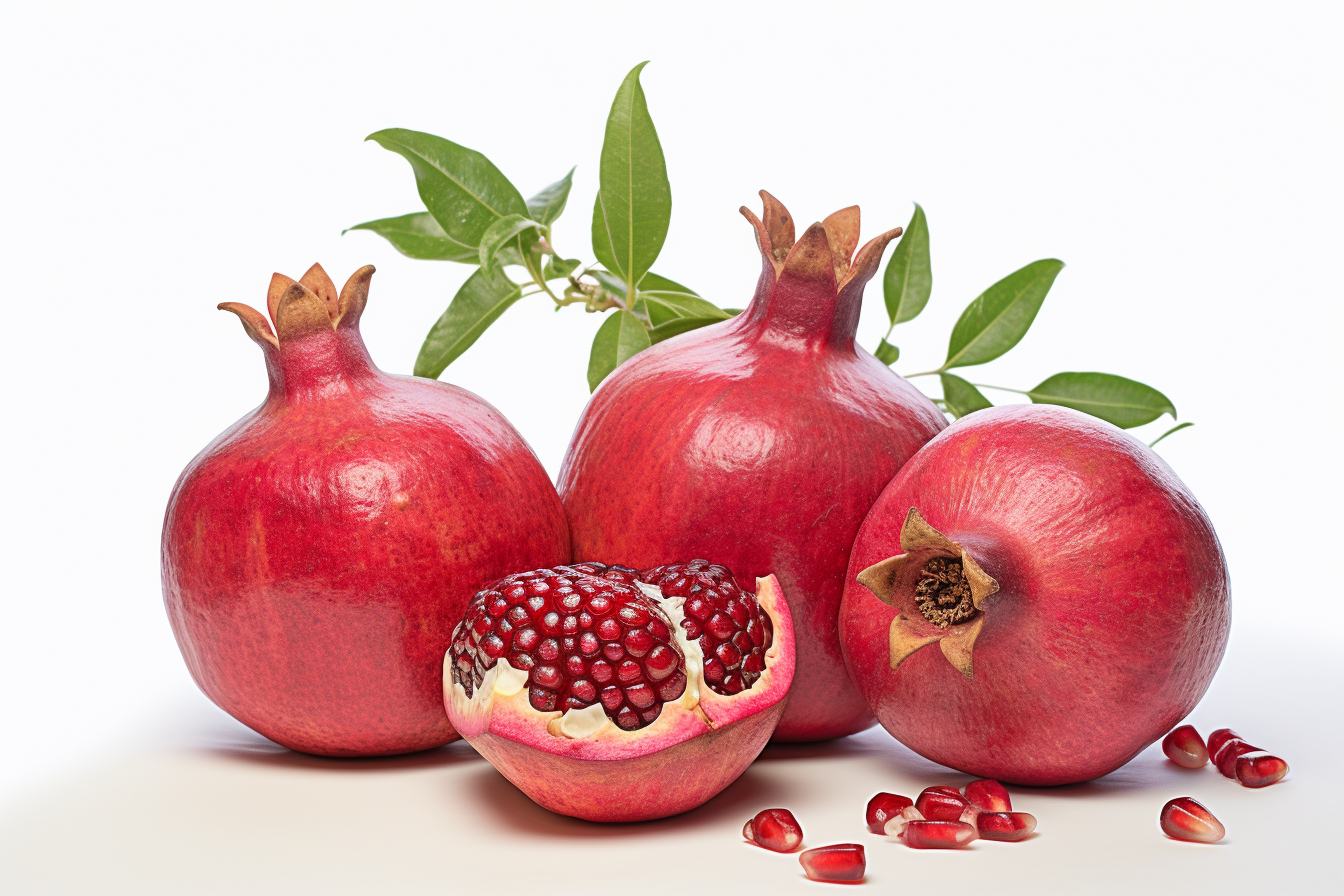 Fresh ripe pomegranate with green leaves isolated on white background