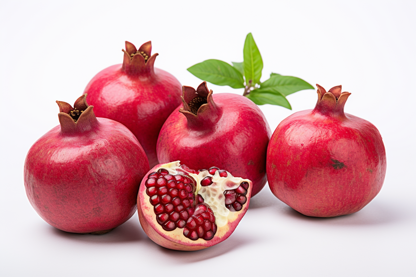 Fresh ripe pomegranate with green leaves isolated on white background