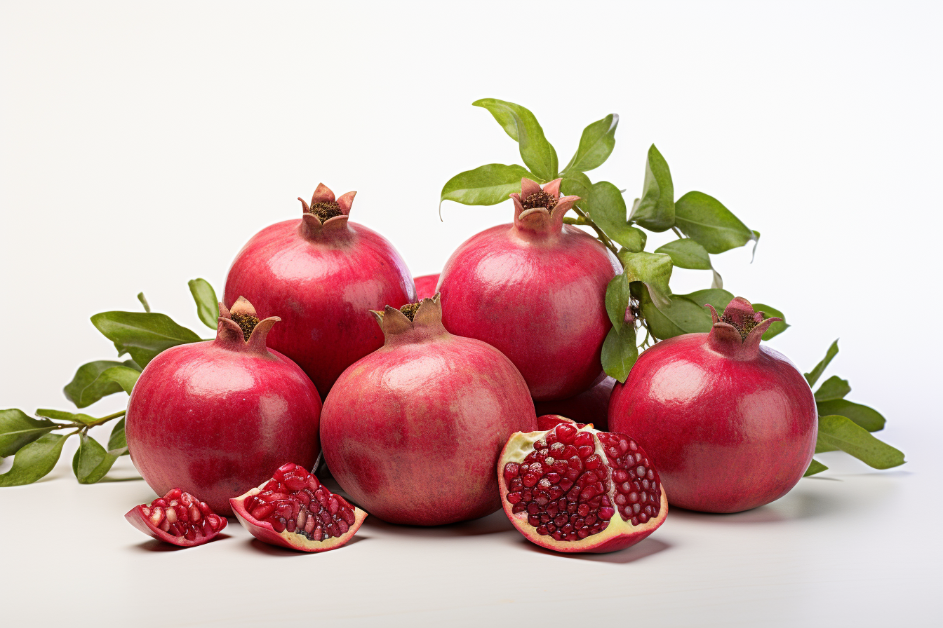 Fresh ripe pomegranate with green leaves isolated on white background