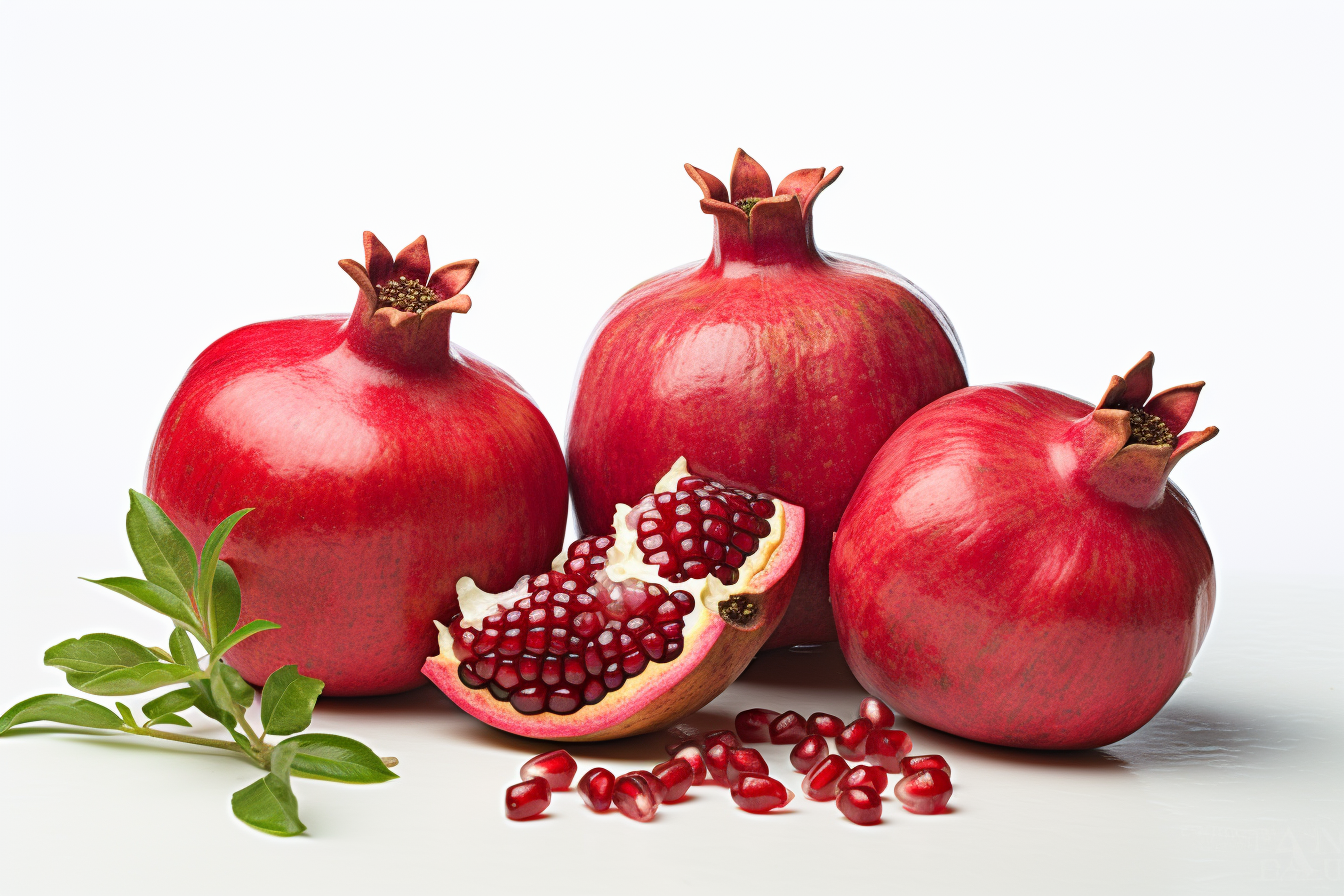 Fresh ripe pomegranate with green leaves isolated on white background