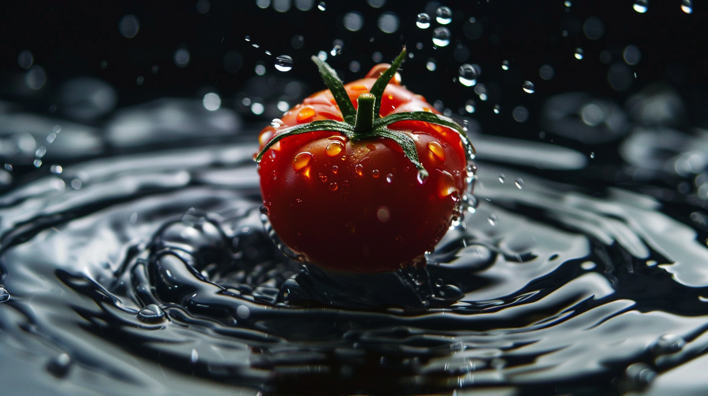 Fresh tomato falling on water