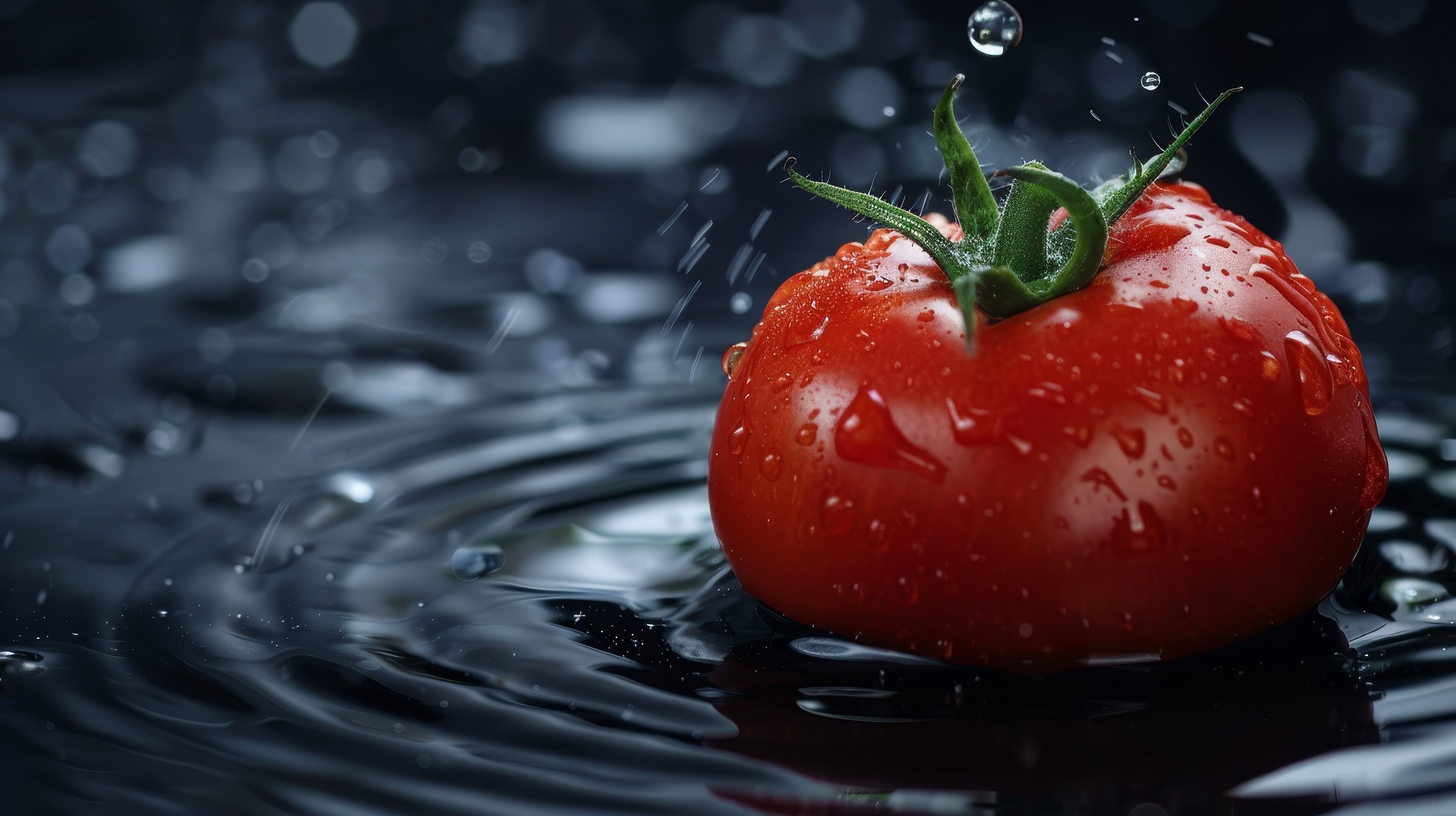 Fresh tomato falling on water