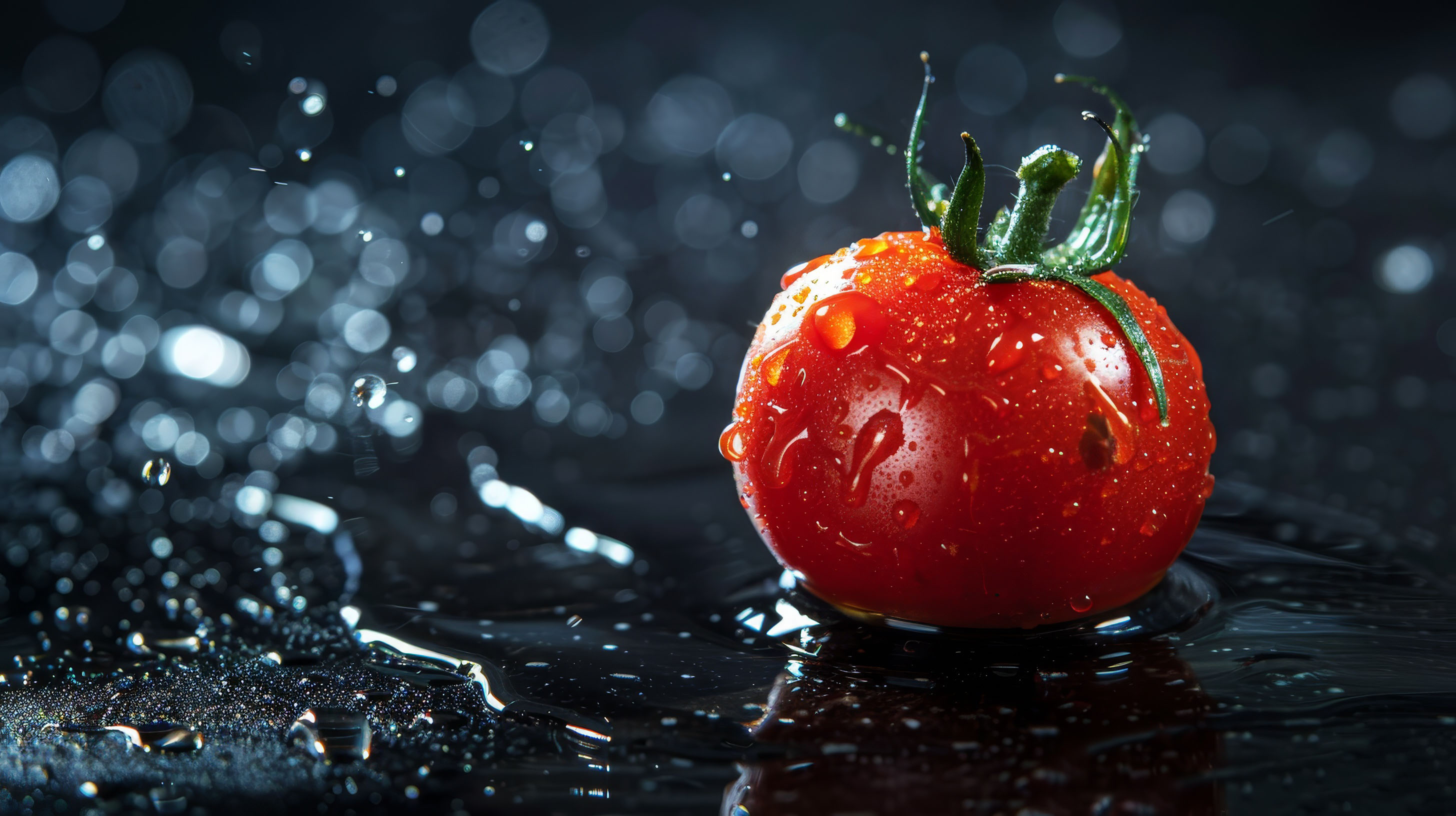 Fresh tomato falling on water