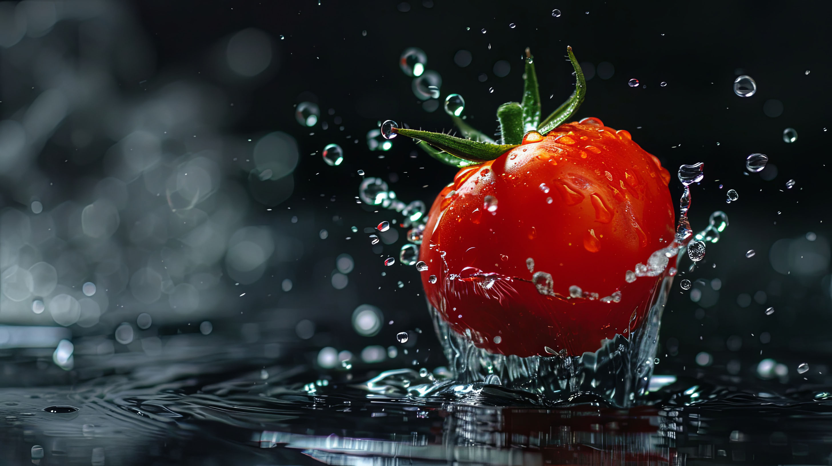 Fresh tomato falling on water