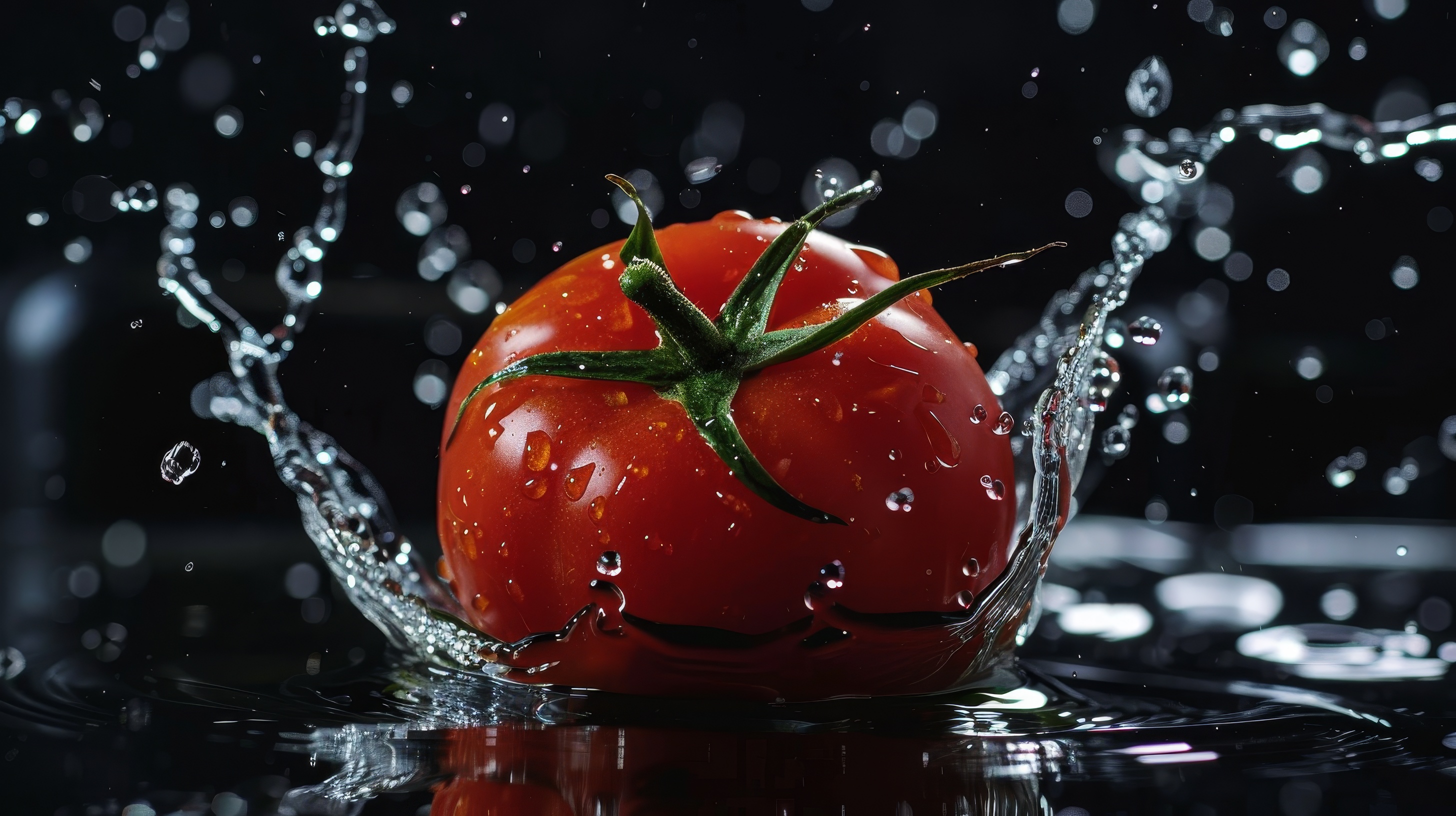 Fresh tomato falling on water