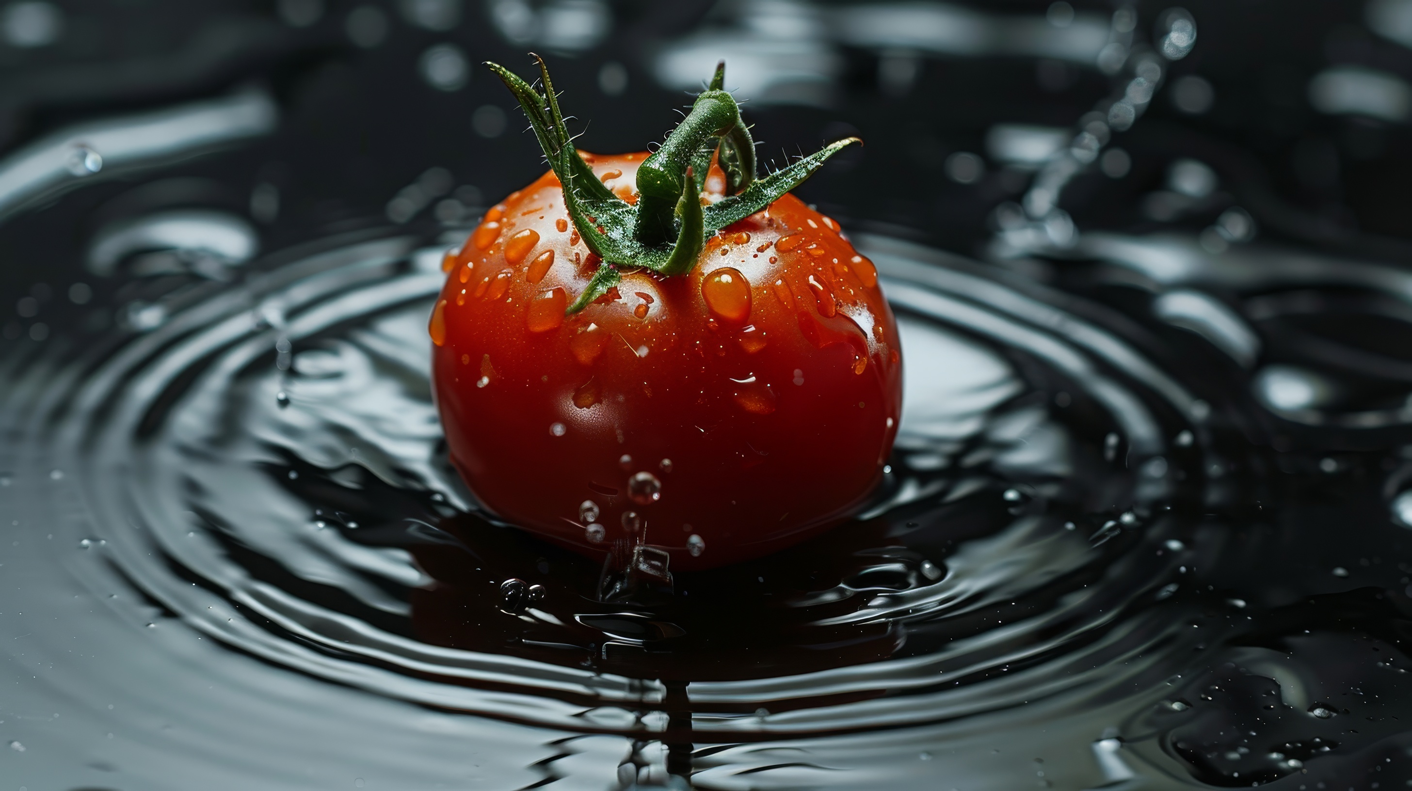 Fresh tomato falling on water